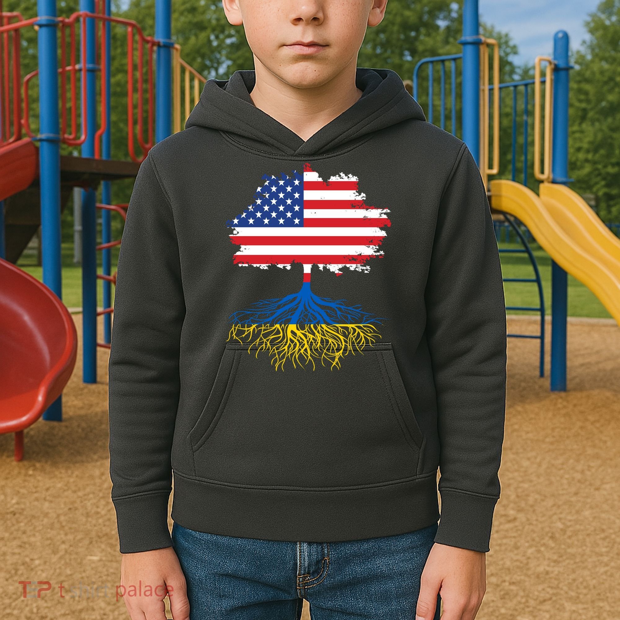Cool American Ukrainian Roots I Stand With Ukraine USA Ukraine Flags Kids Hoodie