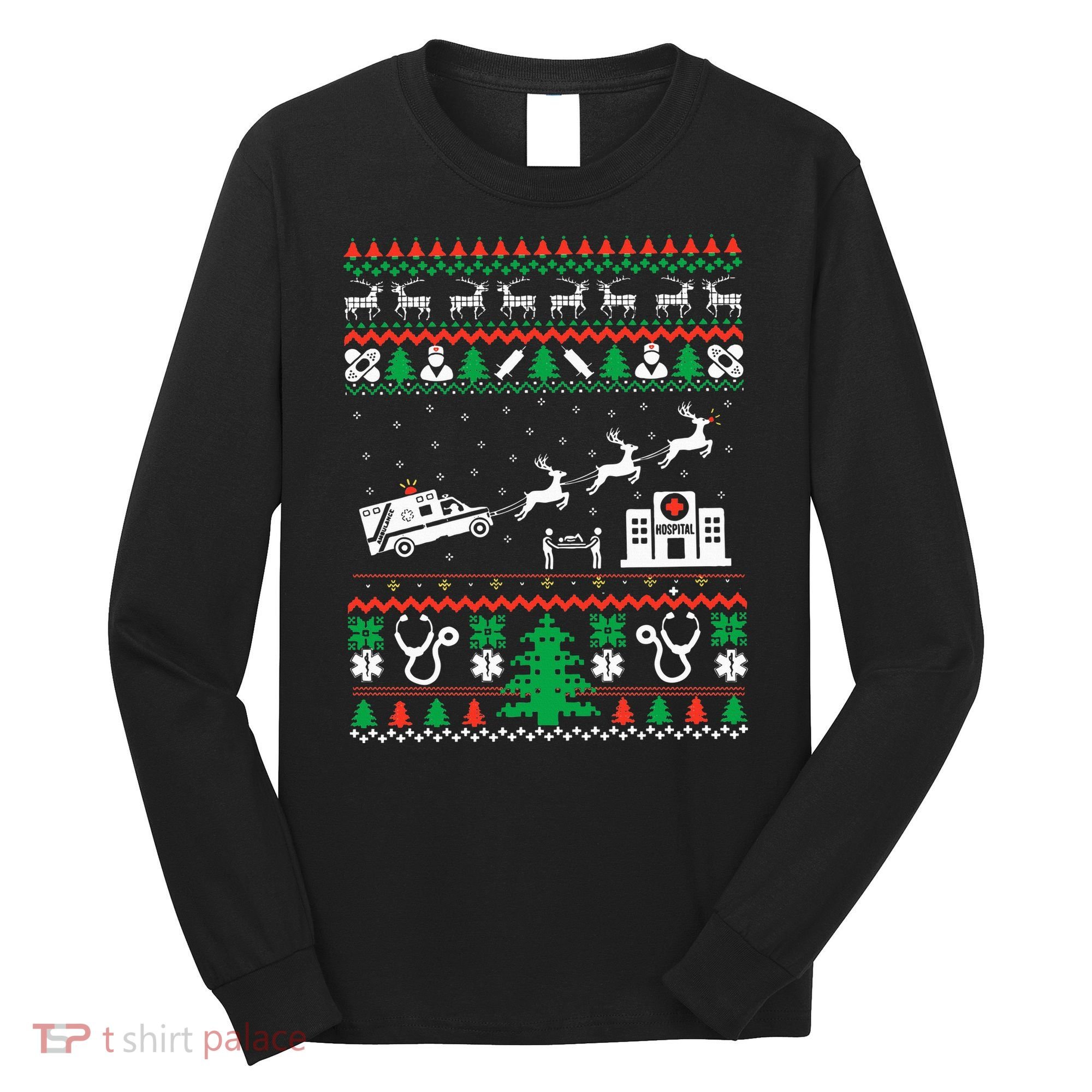 Christmas Ambulance Ugly Sweater Emergency Medical EMT Long Sleeve Shirt