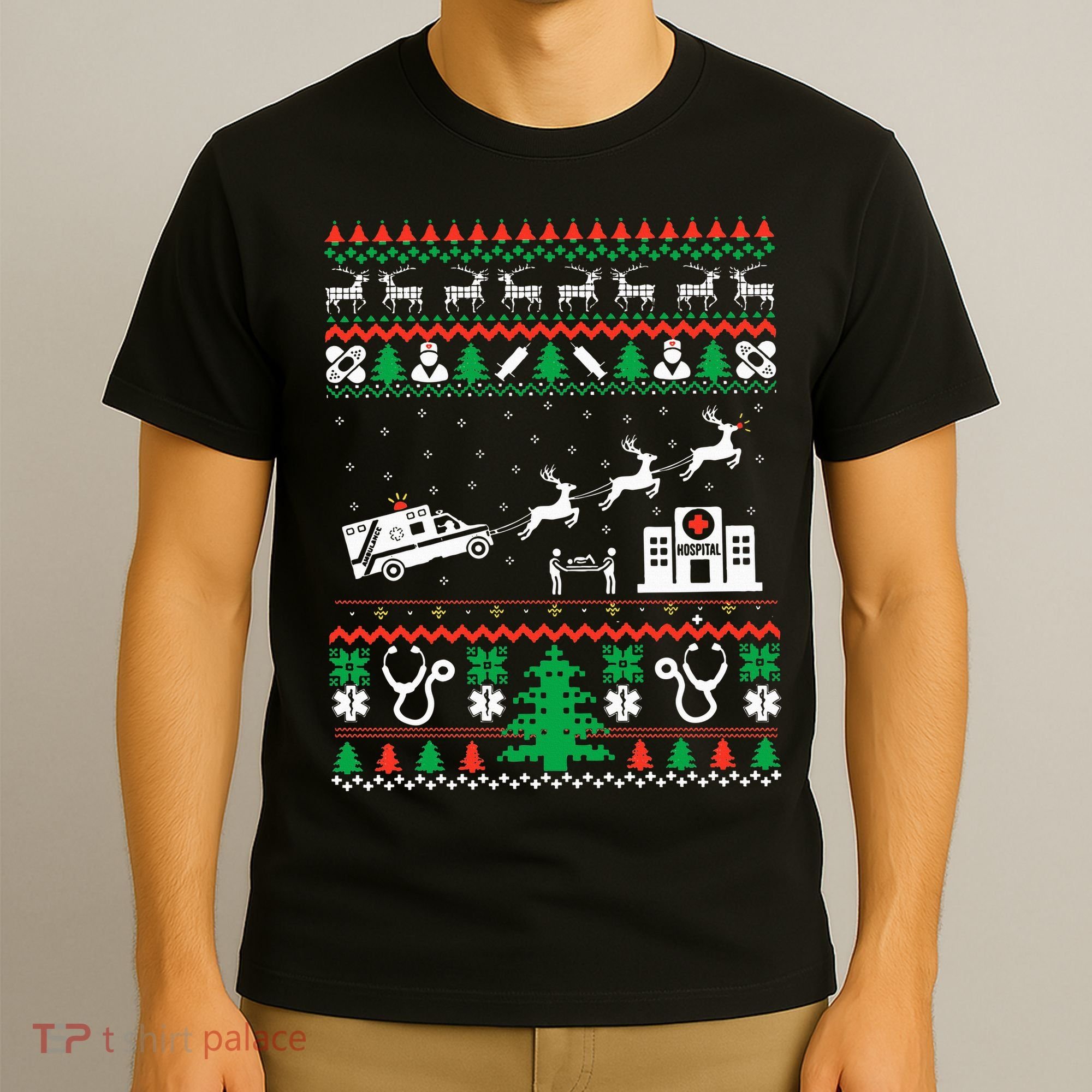 Christmas Ambulance Ugly Sweater Emergency Medical EMT T-Shirt