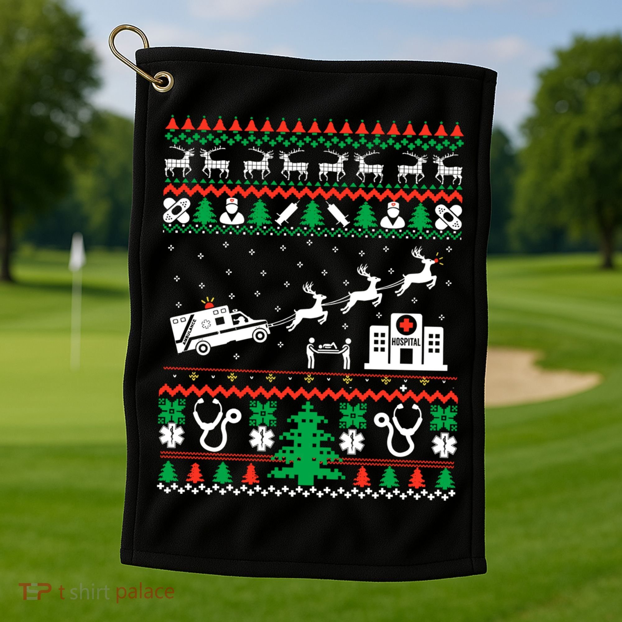 Christmas Ambulance Ugly Sweater Emergency Medical Emt Golf Towel