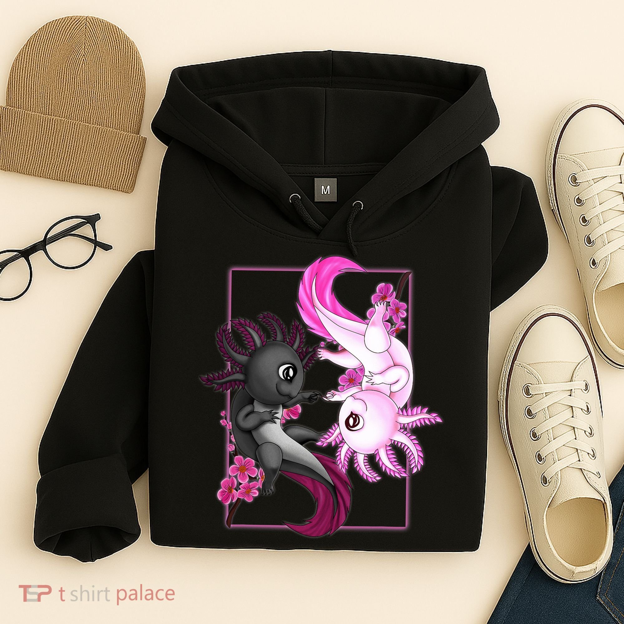 Cute Axolotl Yin Yang Plush Pets Cherry Blossom Hoodie