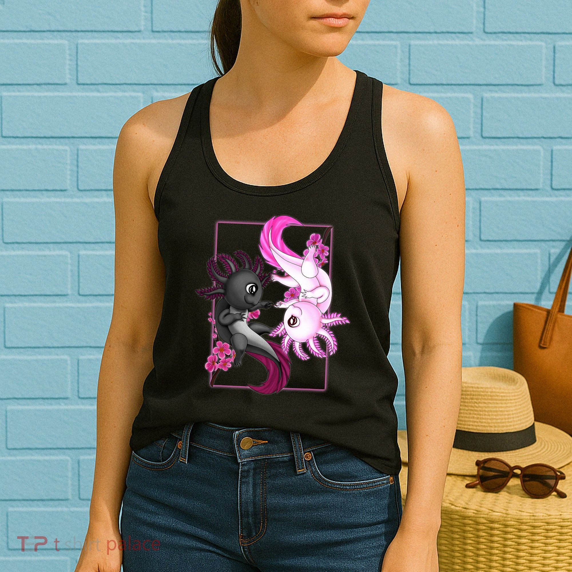 Cute Axolotl Yin Yang Plush Pets Cherry Blossom Women's Tank Top
