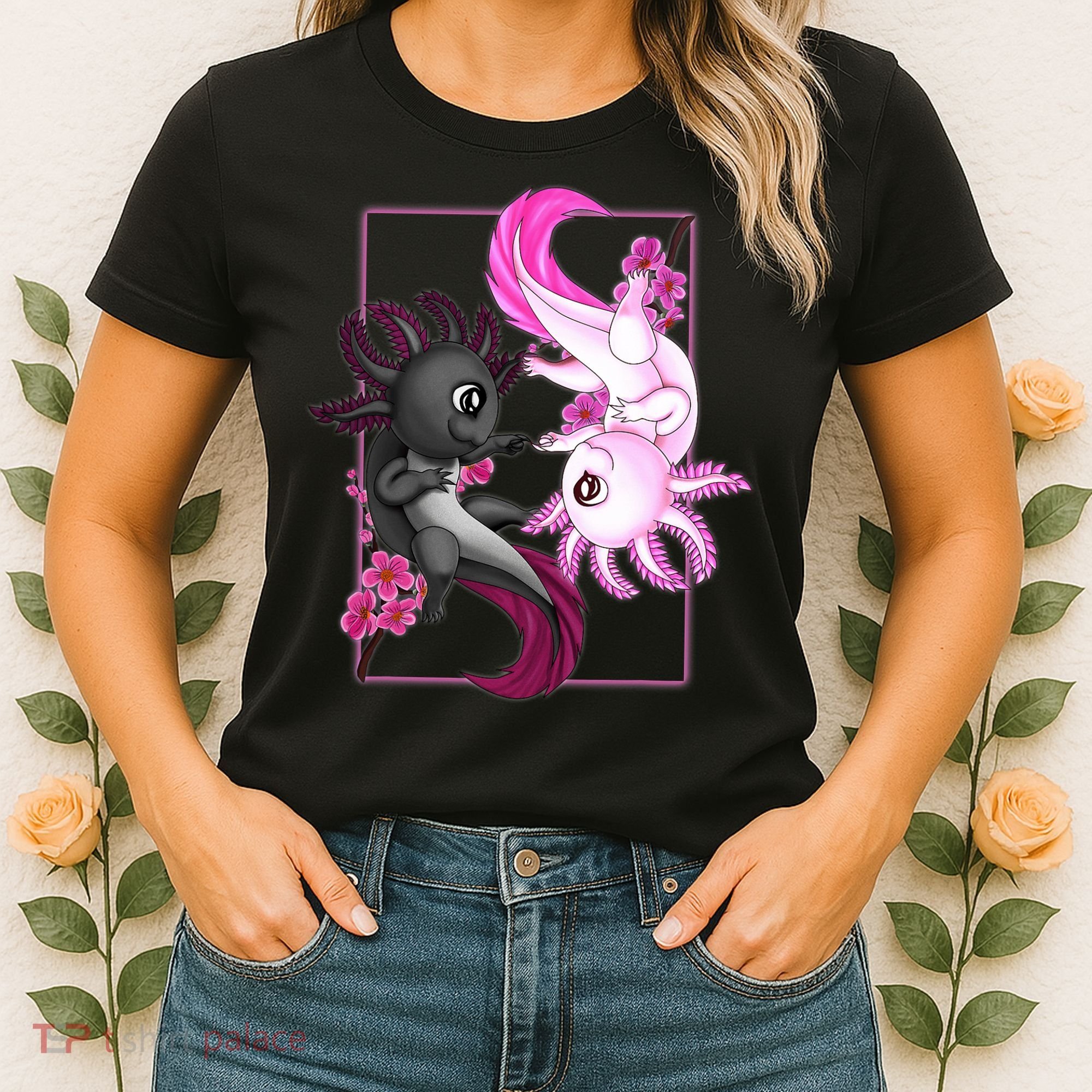 Cute Axolotl Yin Yang Plush Pets Cherry Blossom Women's T-Shirt