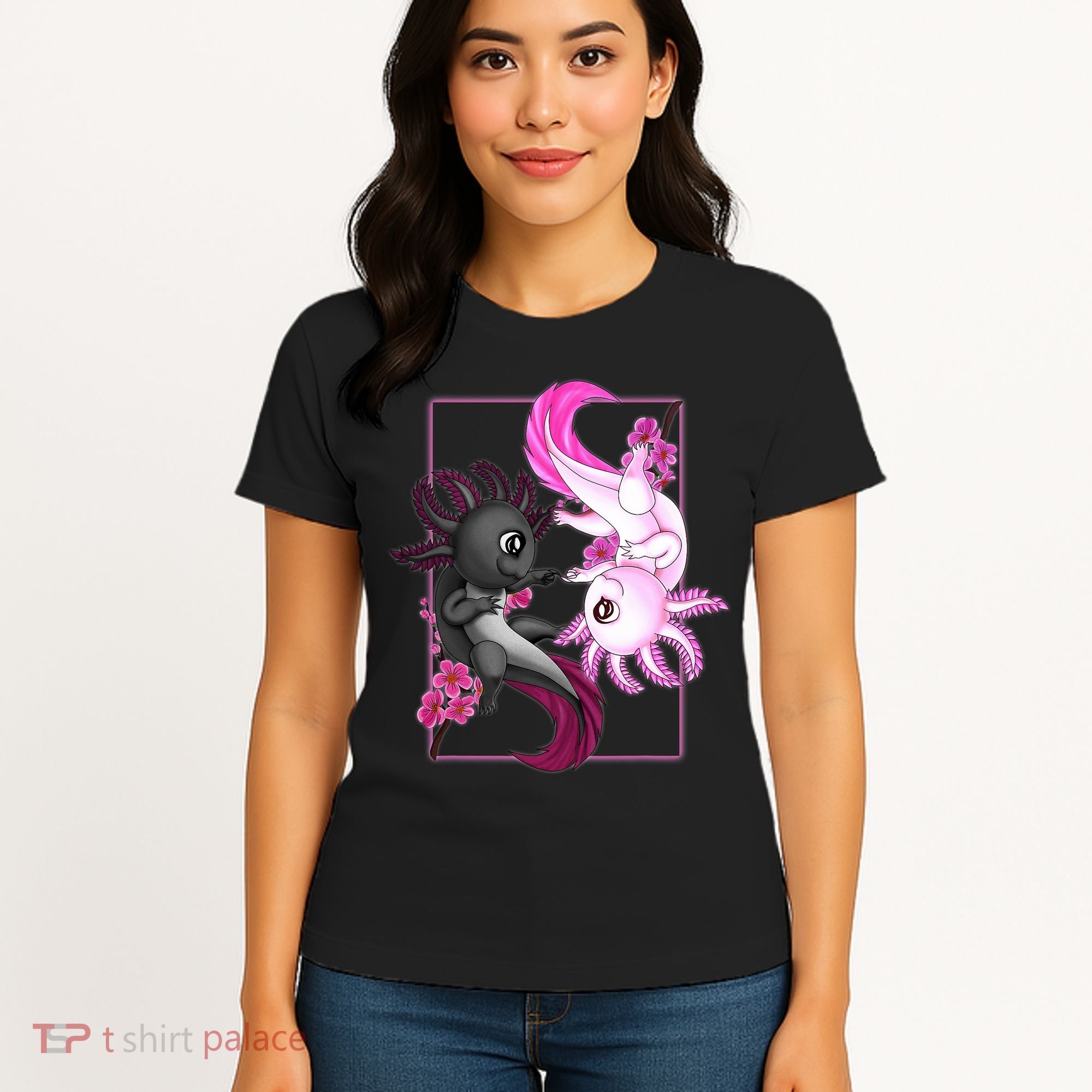Cute Axolotl Yin Yang Plush Pets Cherry Blossom Women's T-Shirt