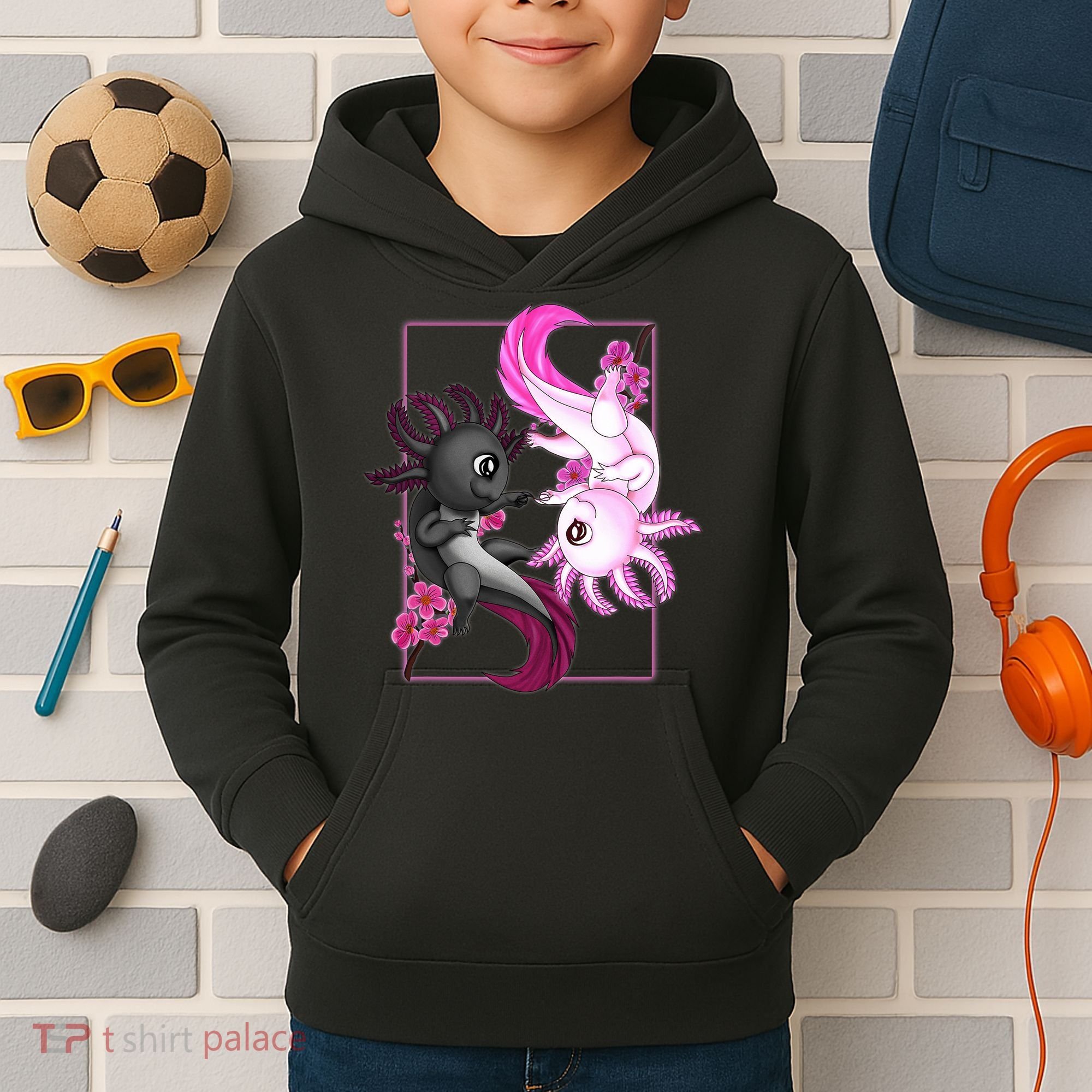 Cute Axolotl Yin Yang Plush Pets Cherry Blossom Kids Hoodie