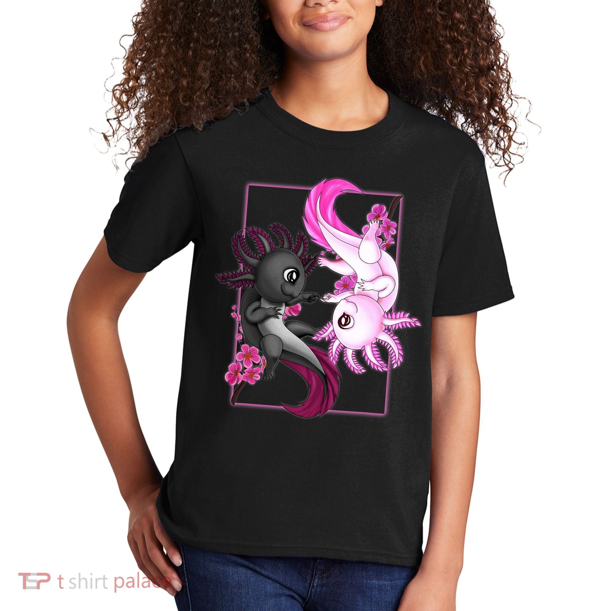 Cute Axolotl Yin Yang Plush Pets Cherry Blossom Kids T-Shirt