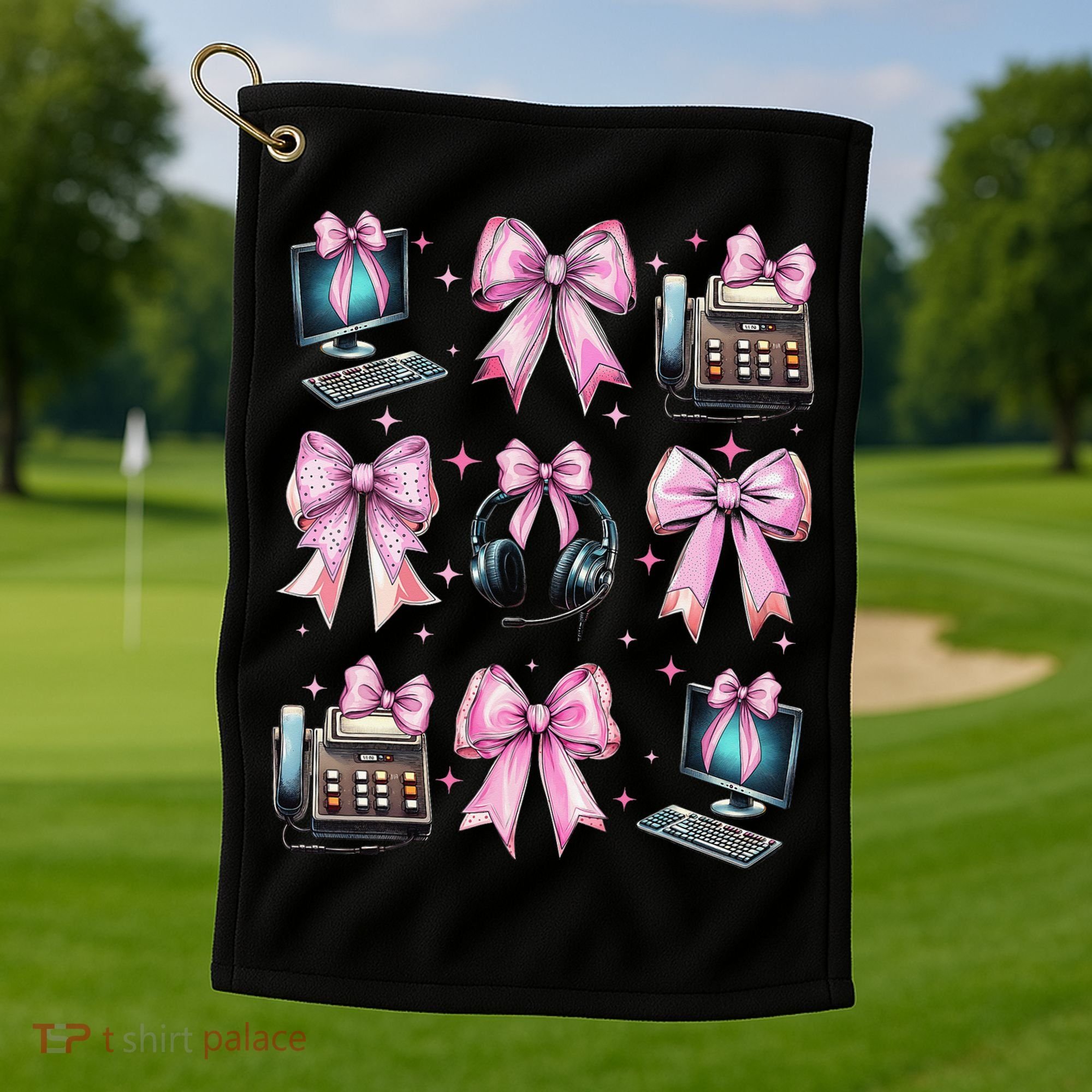 Coquette Bow 911 Dispatcher Operator Computer Telephone Golf Towel