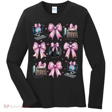 Coquette Bow 911 Dispatcher Operator Computer Telephone Women's Long Sleeve Shirt