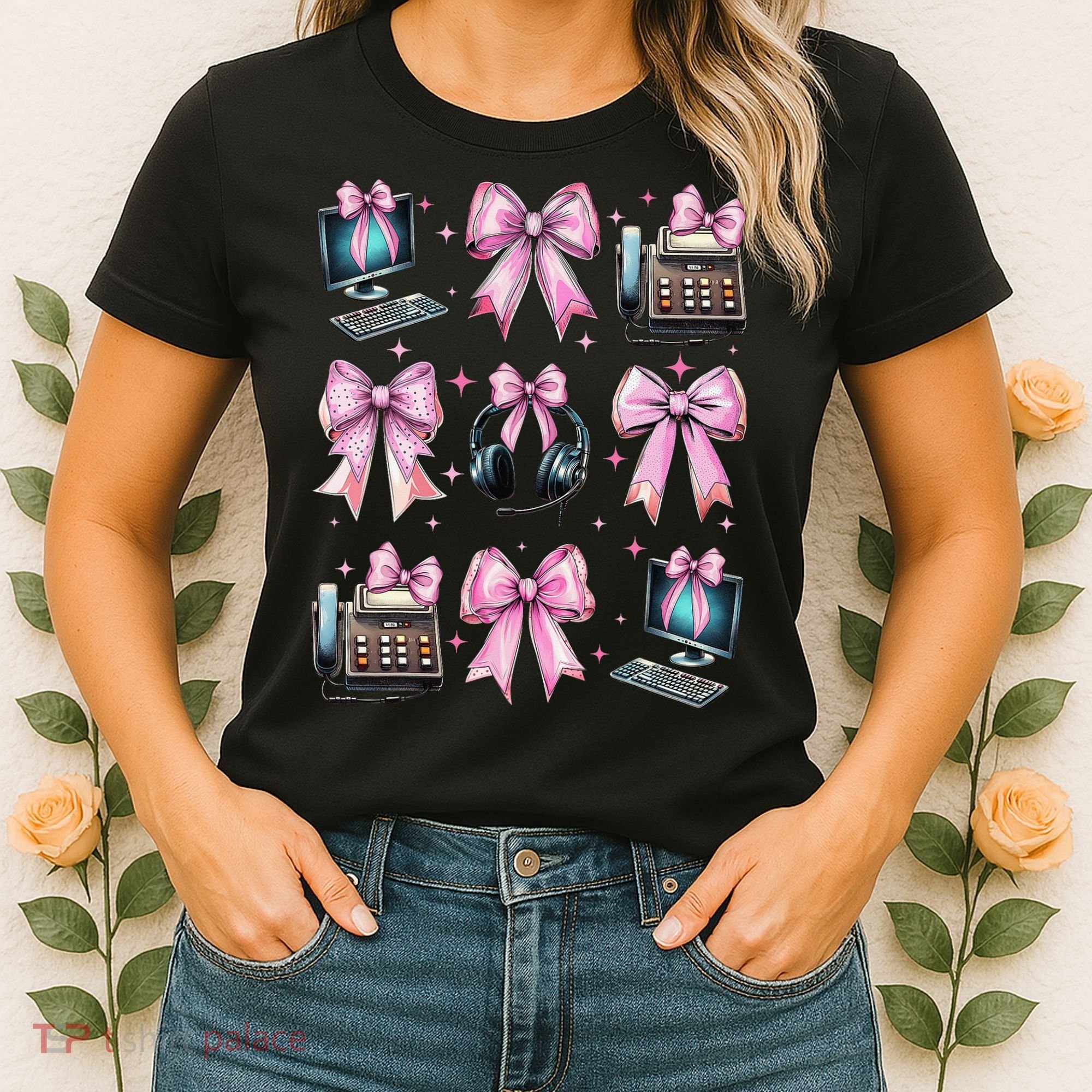 Coquette Bow 911 Dispatcher Operator Computer Telephone Women's T-Shirt