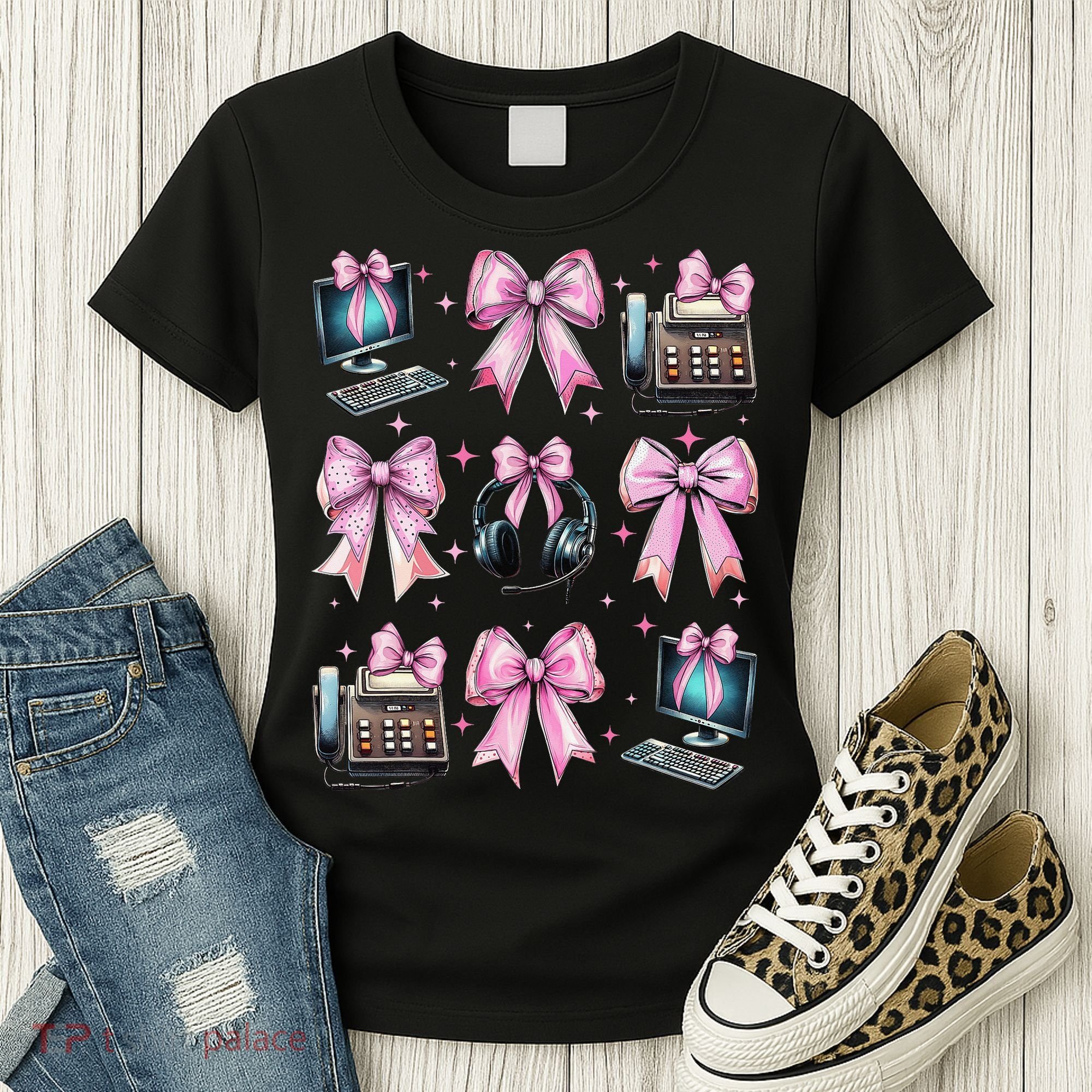 Coquette Bow 911 Dispatcher Operator Computer Telephone Women's T-Shirt