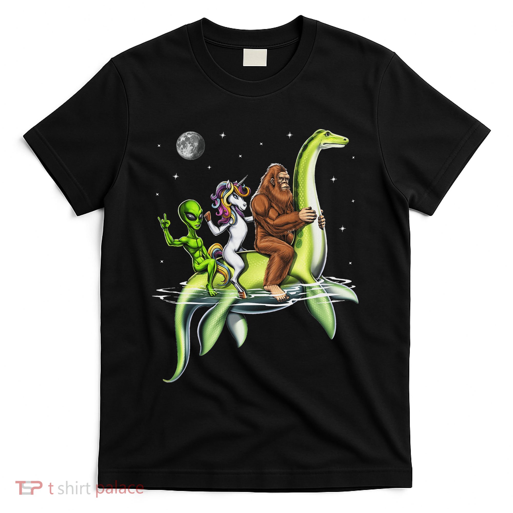 Cryptids Bigfoot Alien Unicorn Riding Loch Ness Monster T-Shirt