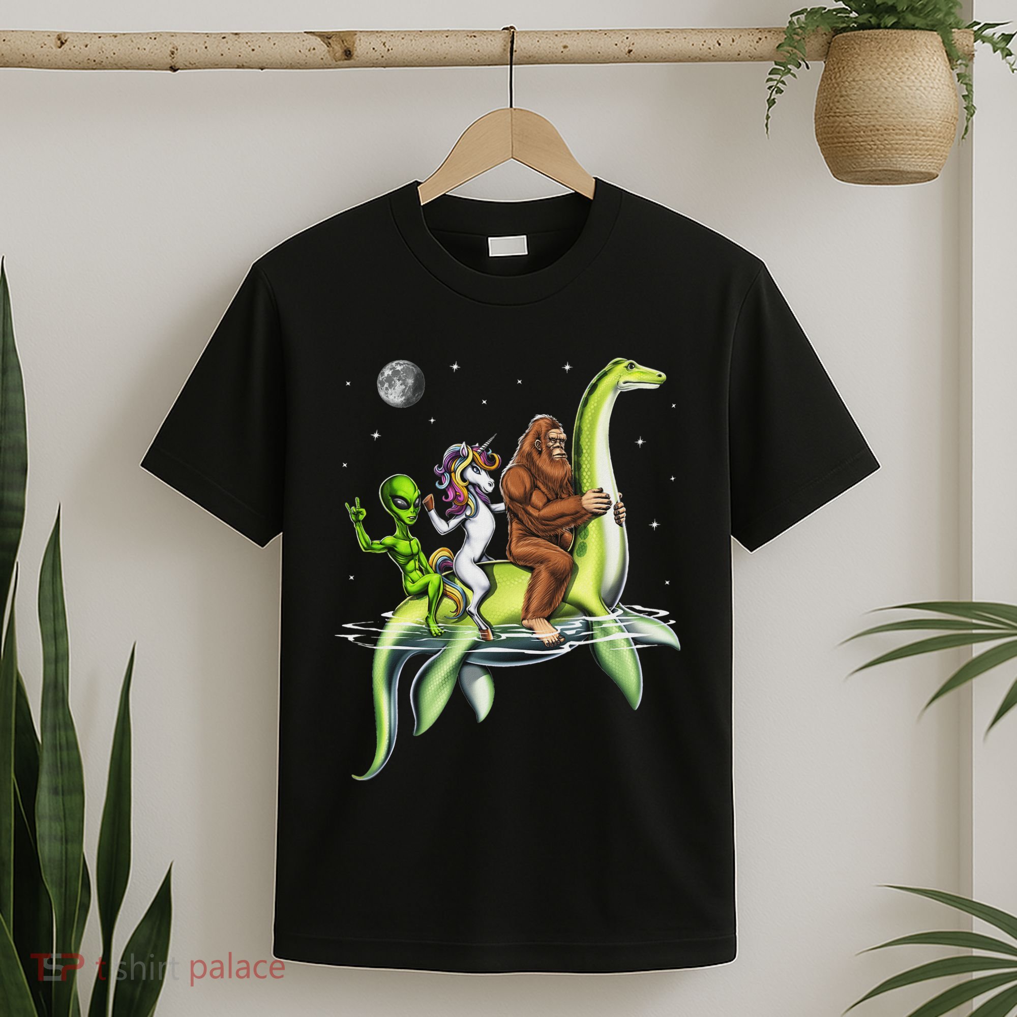 Cryptids Bigfoot Alien Unicorn Riding Loch Ness Monster T-Shirt