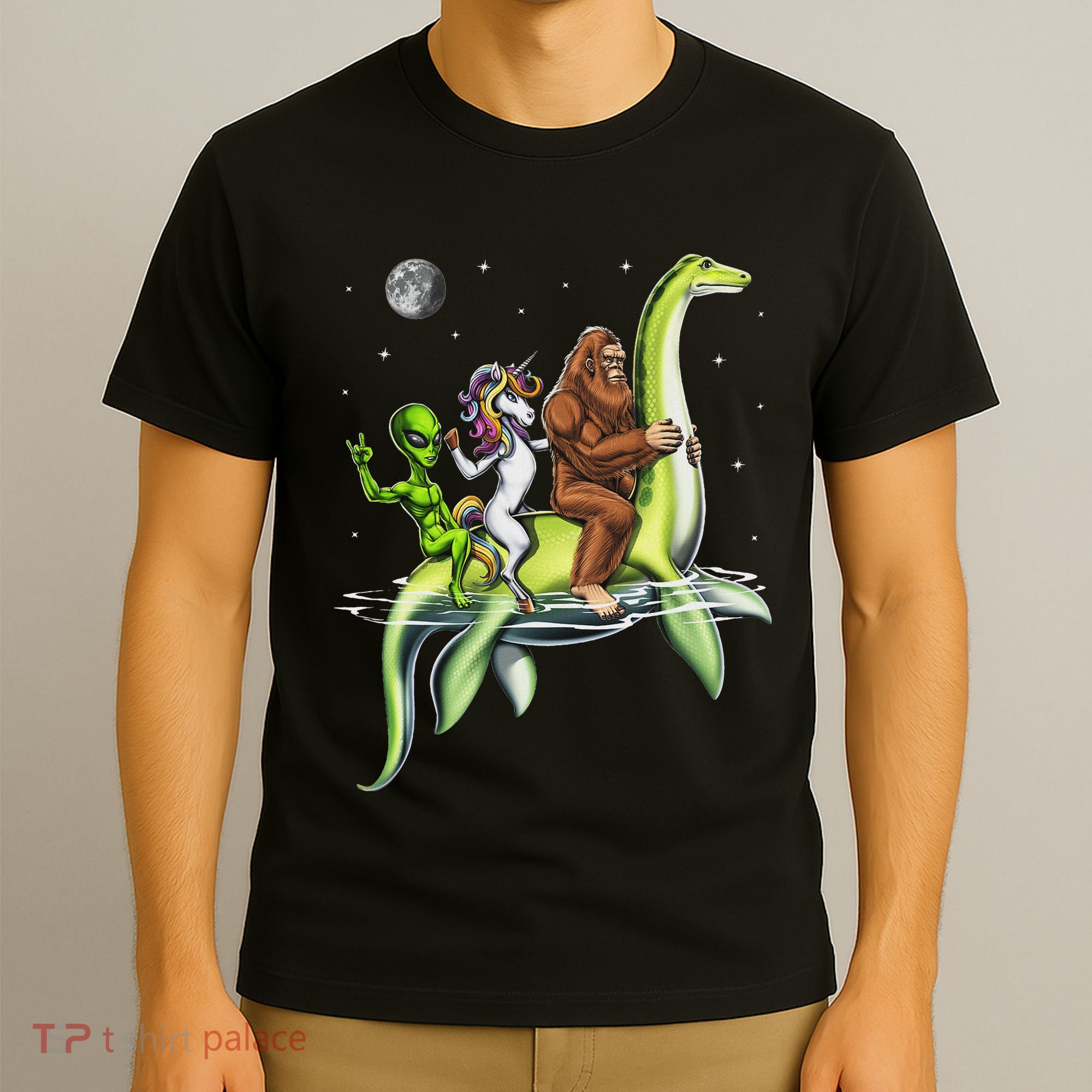 Cryptids Bigfoot Alien Unicorn Riding Loch Ness Monster T-Shirt