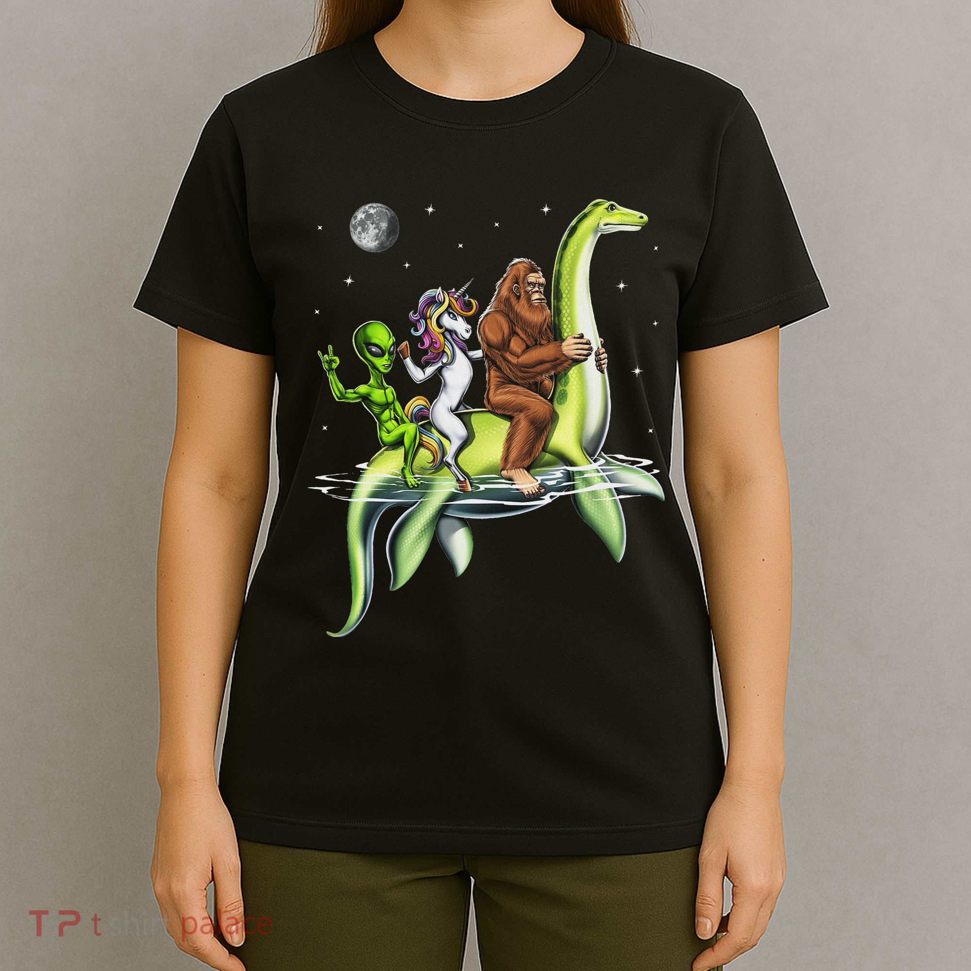 Cryptids Bigfoot Alien Unicorn Riding Loch Ness Monster T-Shirt