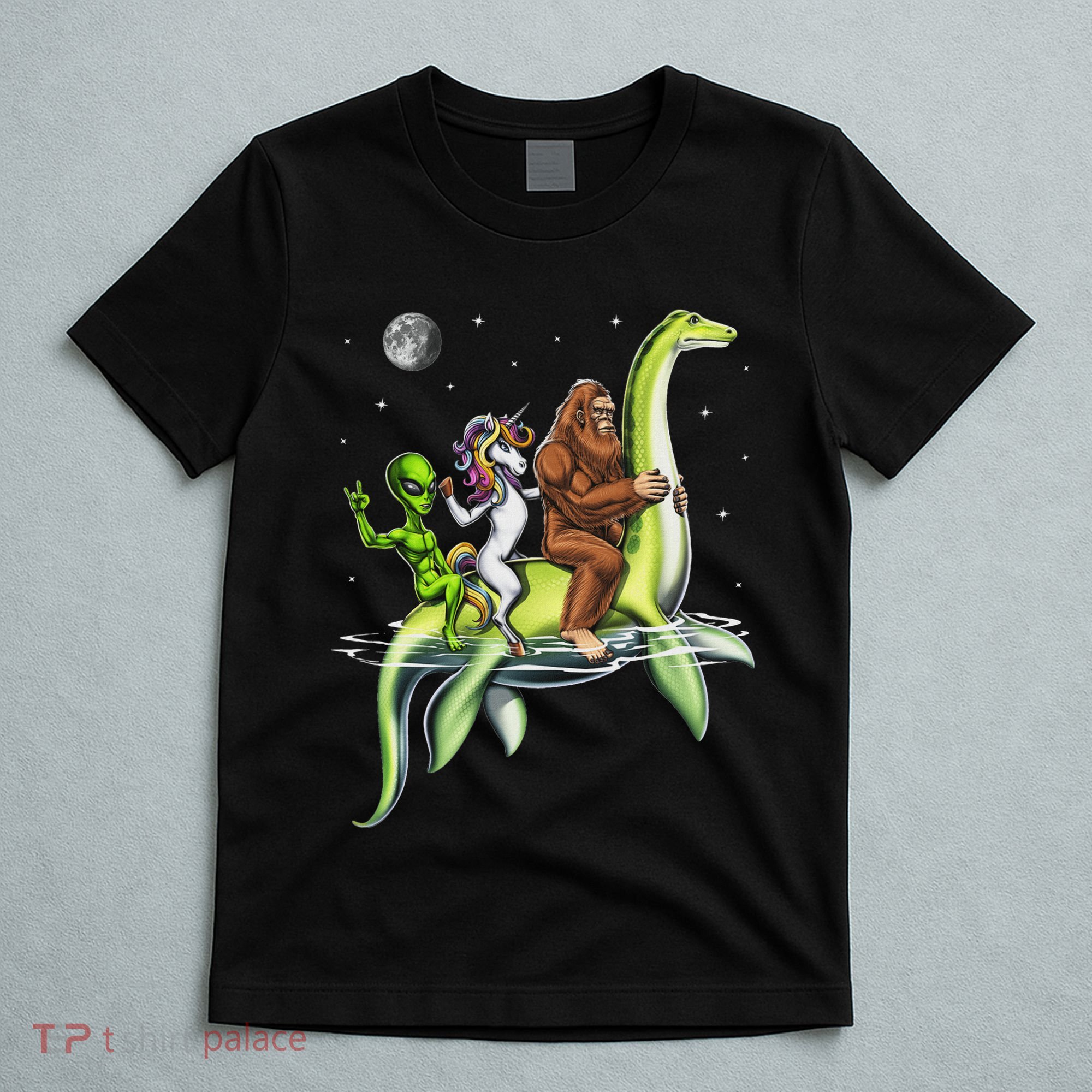 Cryptids Bigfoot Alien Unicorn Riding Loch Ness Monster T-Shirt