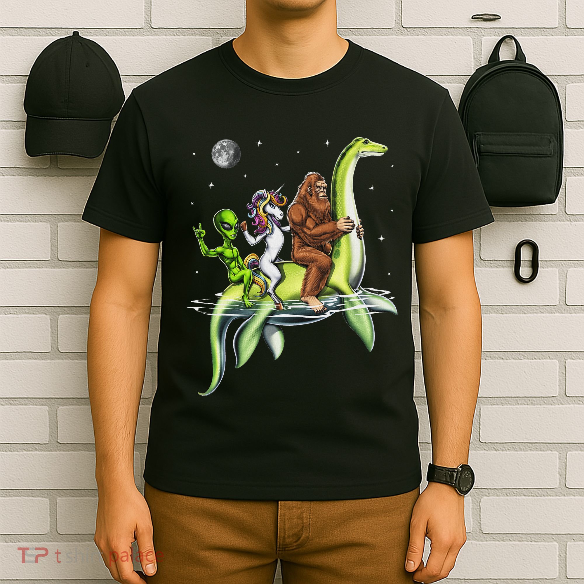 Cryptids Bigfoot Alien Unicorn Riding Loch Ness Monster T-Shirt