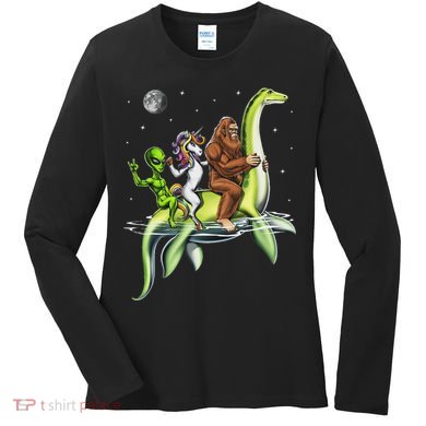 Cryptids Bigfoot Alien Unicorn Riding Loch Ness Monster Women's Long Sleeve Shirt