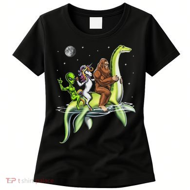 Cryptids Bigfoot Alien Unicorn Riding Loch Ness Monster Women's T-Shirt
