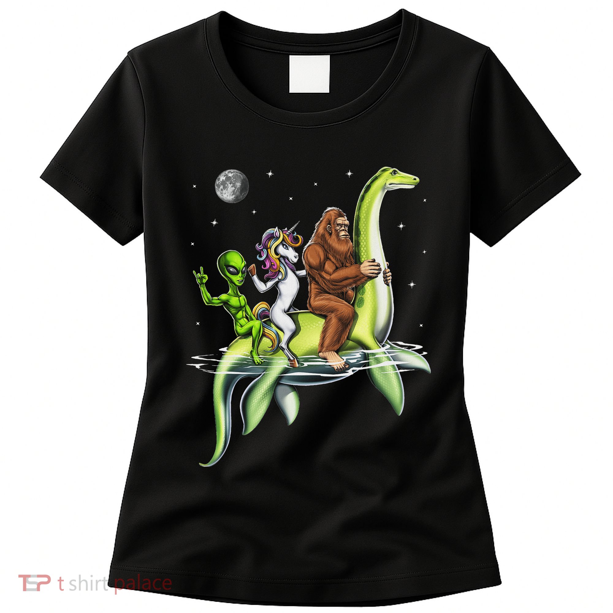 Cryptids Bigfoot Alien Unicorn Riding Loch Ness Monster Women's T-Shirt
