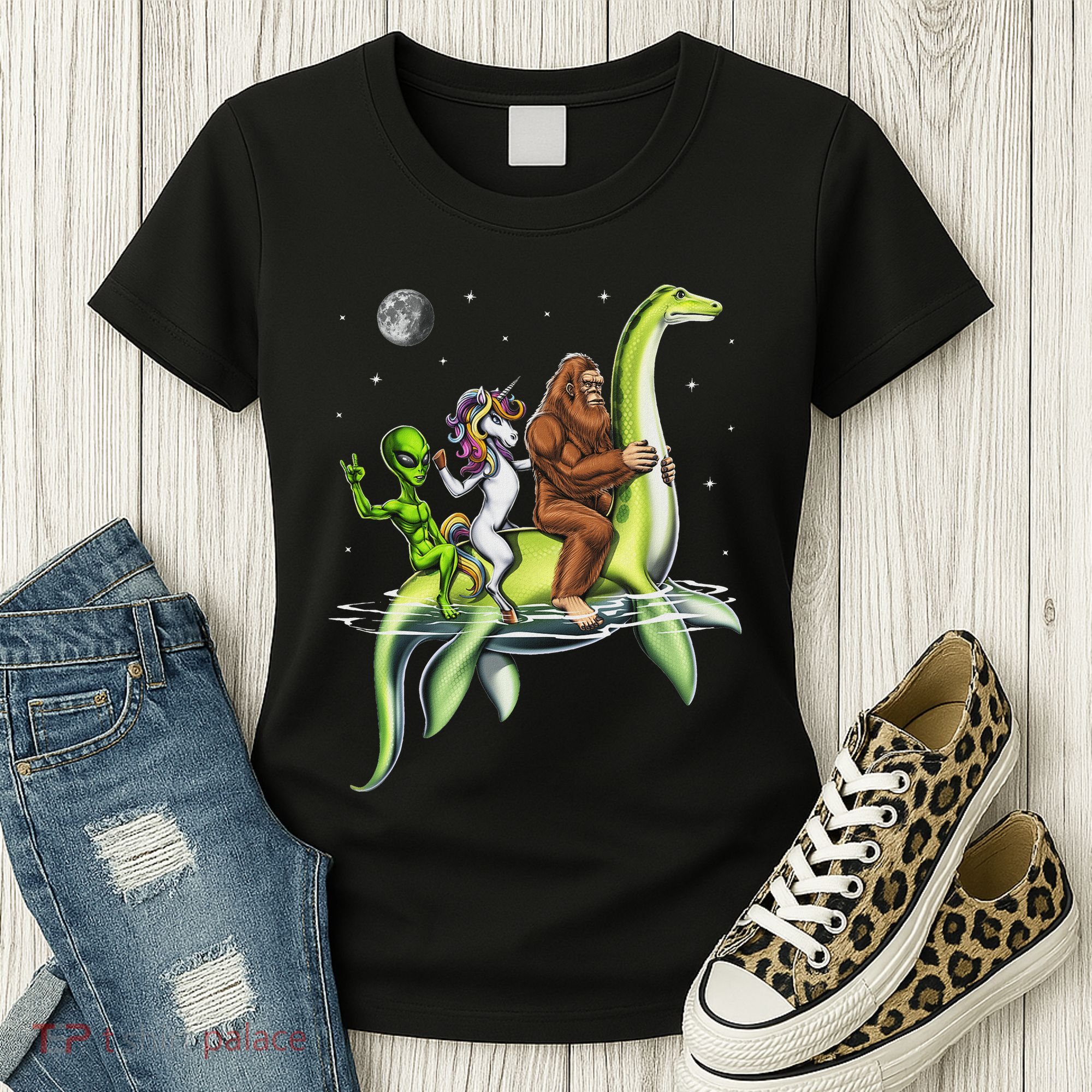 Cryptids Bigfoot Alien Unicorn Riding Loch Ness Monster Women's T-Shirt