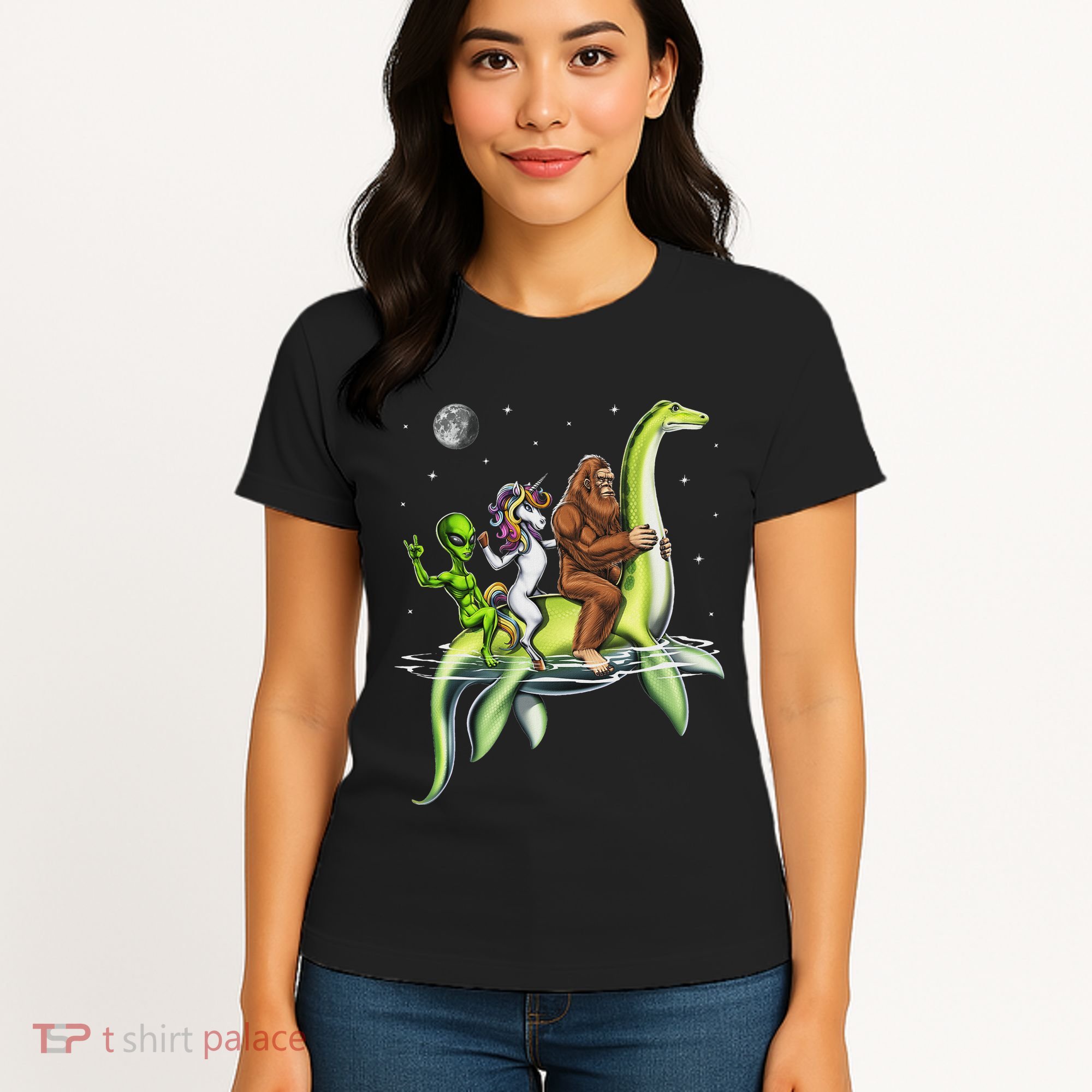 Cryptids Bigfoot Alien Unicorn Riding Loch Ness Monster Women's T-Shirt