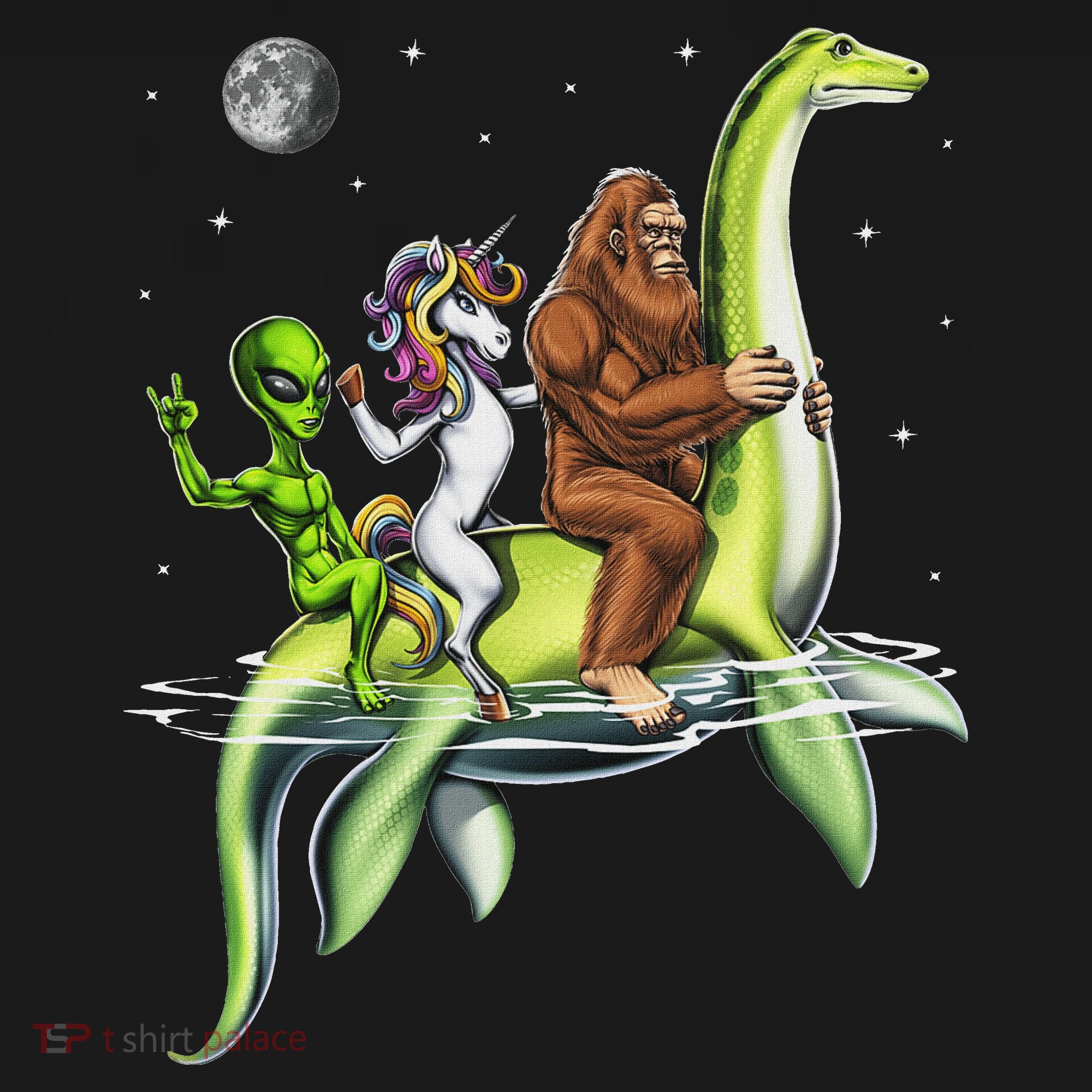 Cryptids Bigfoot Alien Unicorn Riding Loch Ness Monster Women's T-Shirt