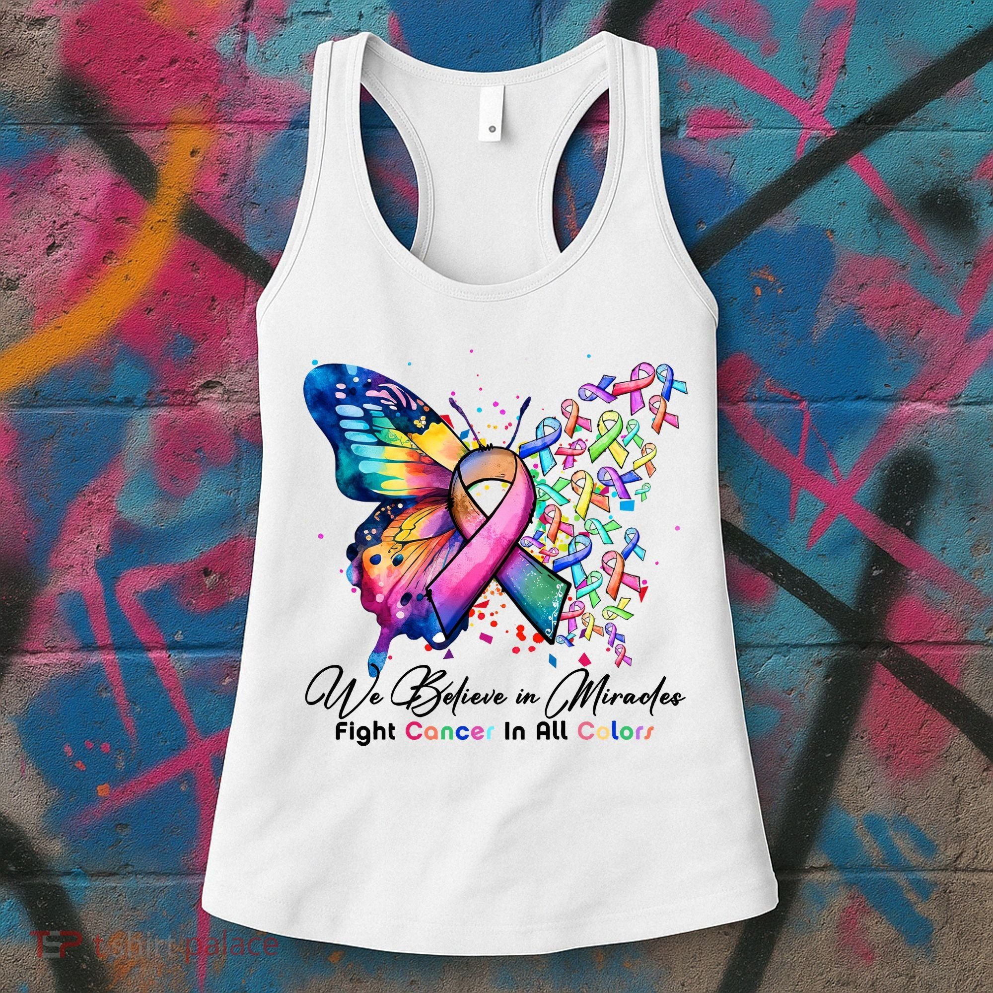 Cancer Butterfly All Ribbon We Believe In Miracles Cancer Awareness Month Women's Tank Top