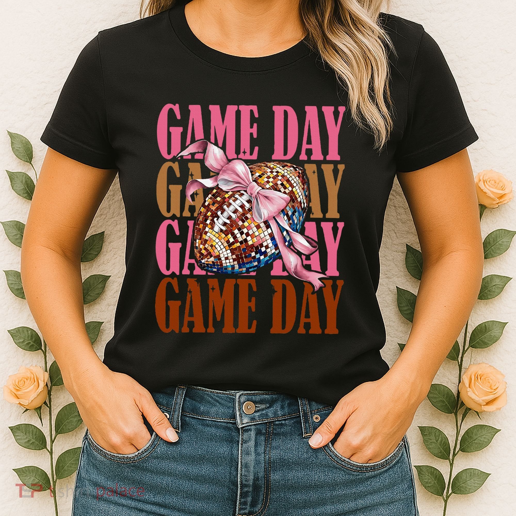 Coquette Bow American Football Game Day Thanksgiving Autumn Women's T-Shirt