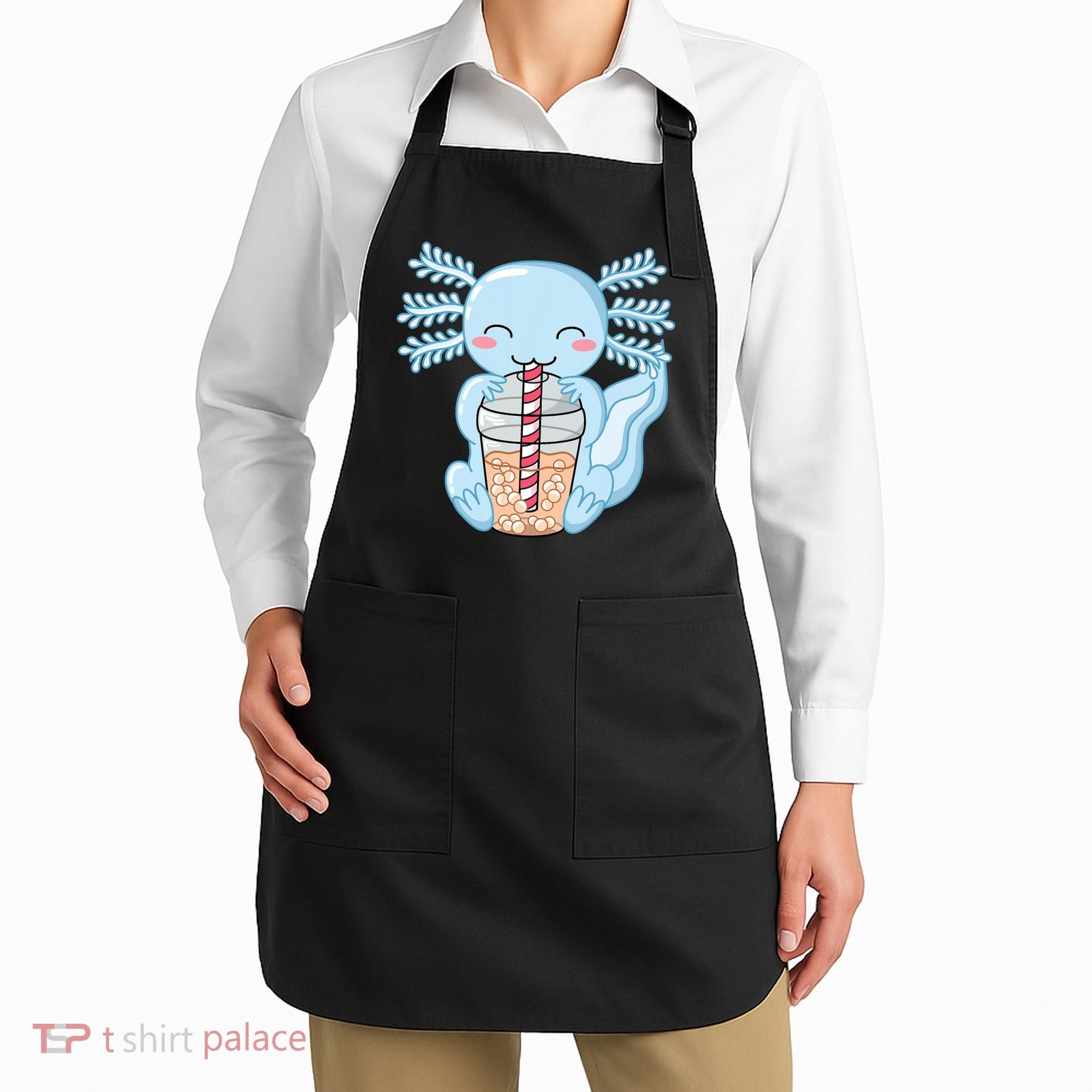 Cute Blue Axolotl Bubble Tea Kawaii Axolotls Apron