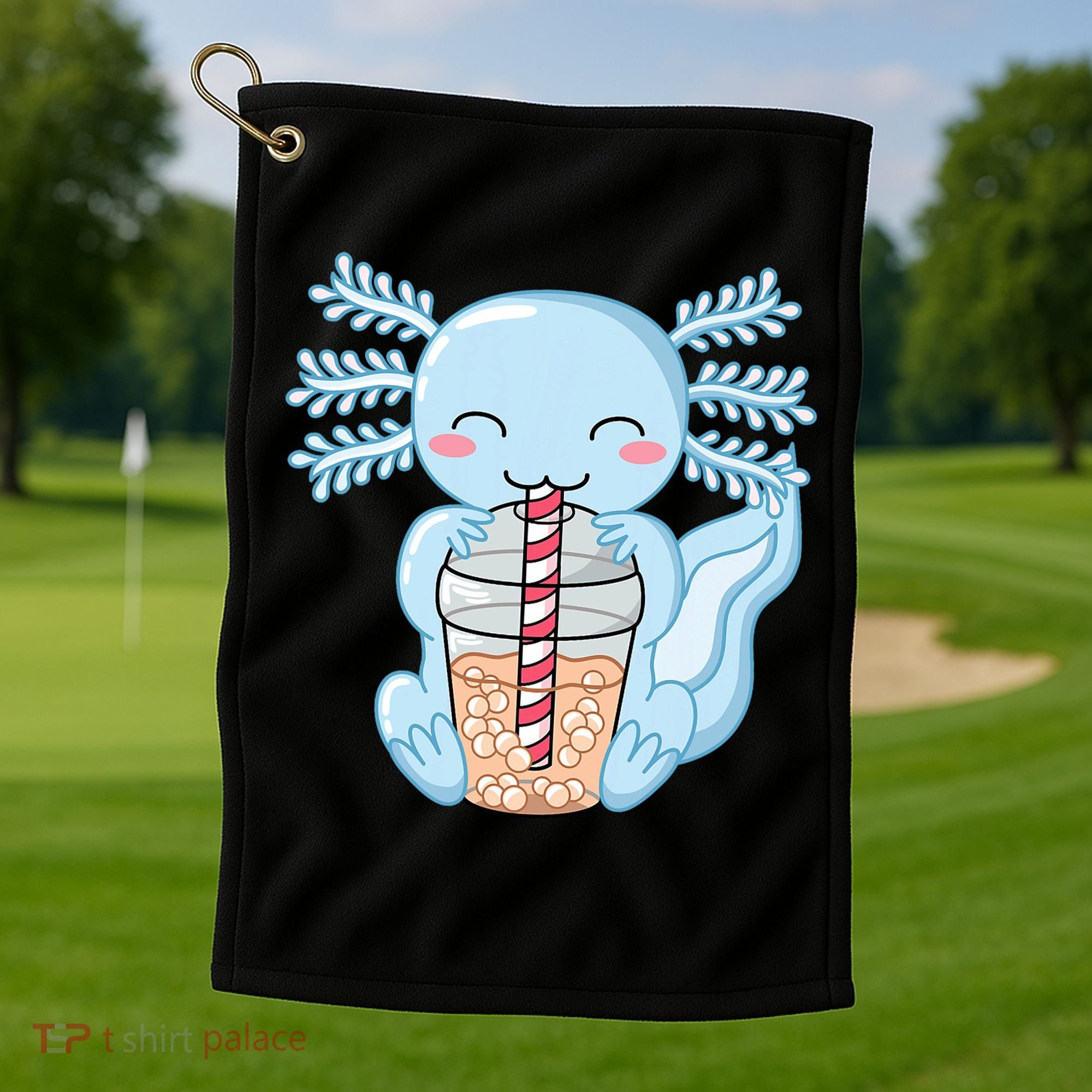 Cute Blue Axolotl Bubble Tea Kawaii Axolotls Golf Towel
