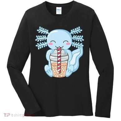 Cute Blue Axolotl Bubble Tea Kawaii Axolotls Women's Long Sleeve Shirt