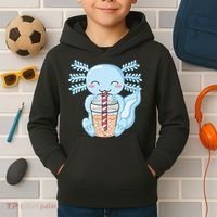 Cute Blue Axolotl Bubble Tea Kawaii Axolotls Kids Hoodie thumb 2