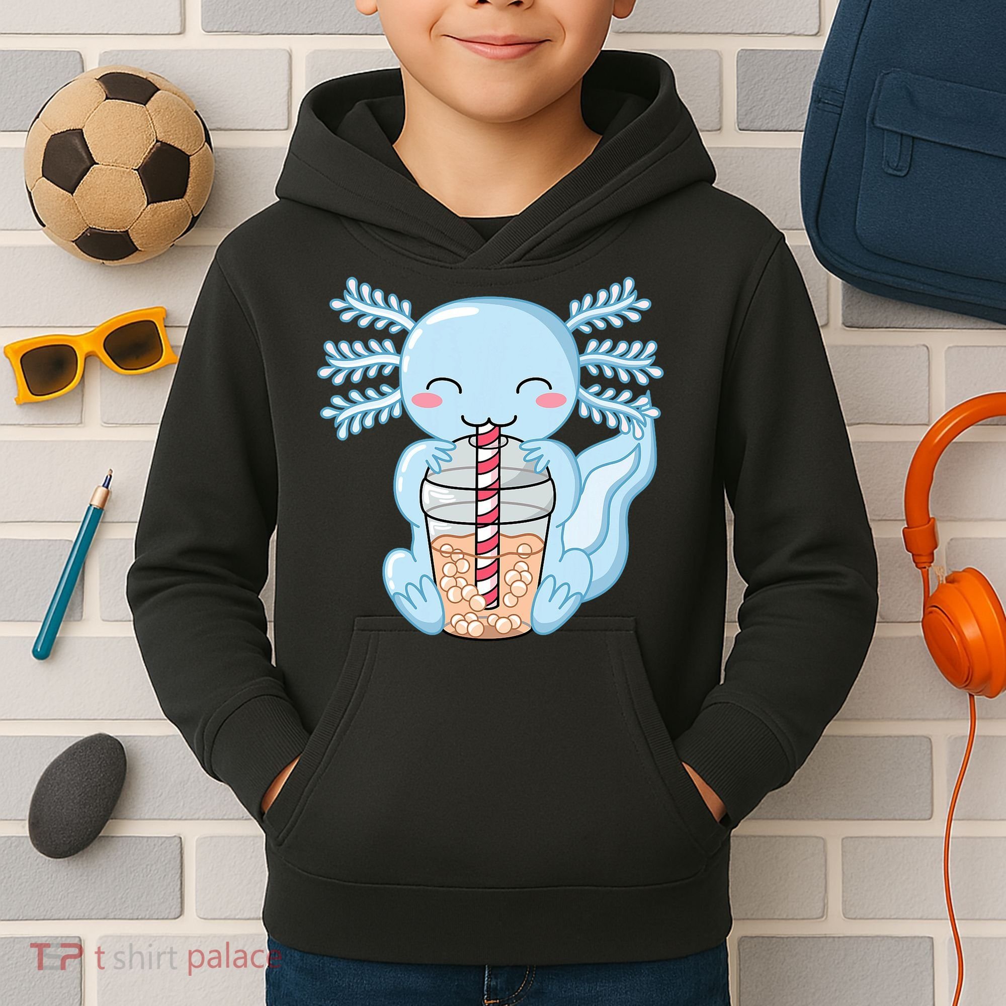 Cute Blue Axolotl Bubble Tea Kawaii Axolotls Kids Hoodie