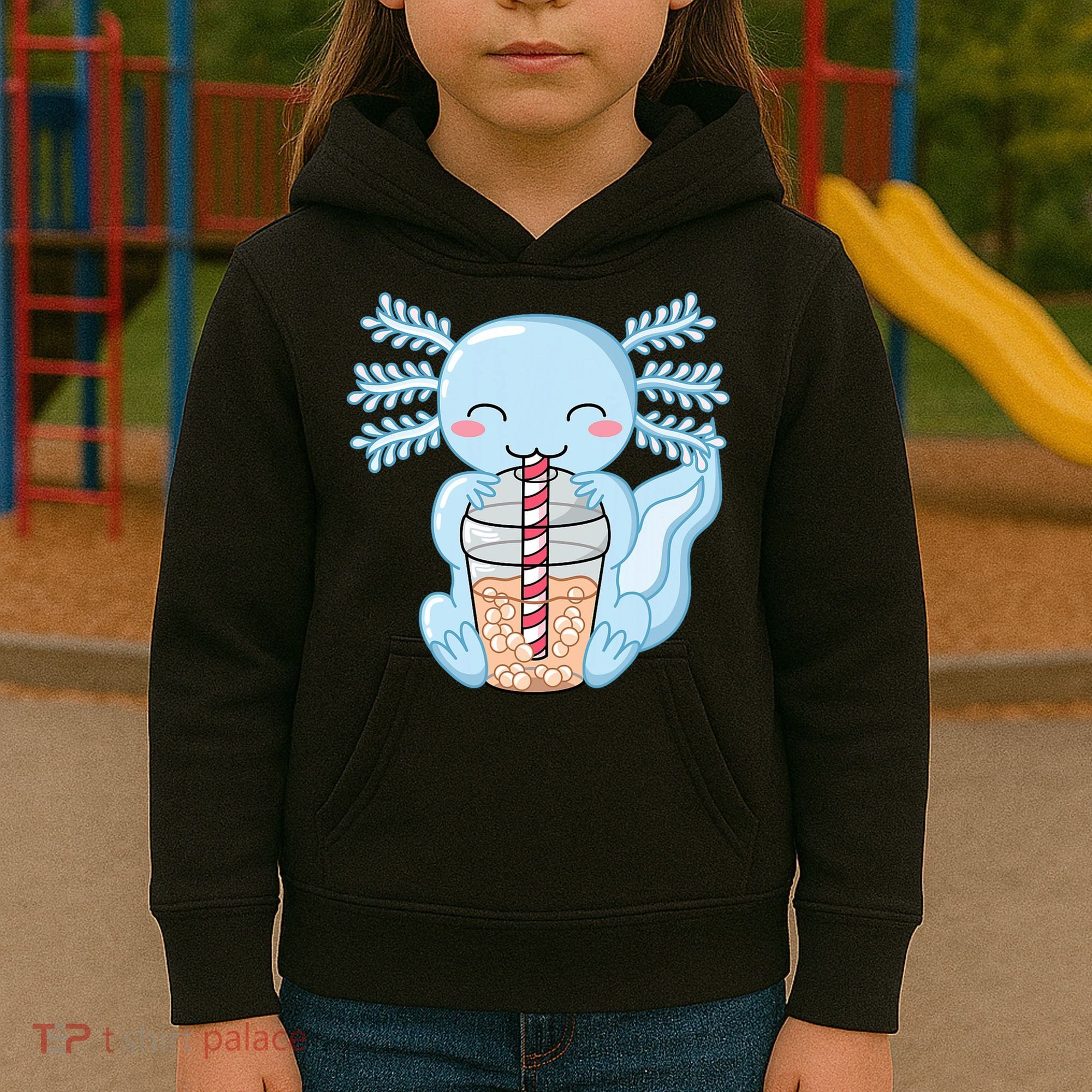 Cute Blue Axolotl Bubble Tea Kawaii Axolotls Kids Hoodie