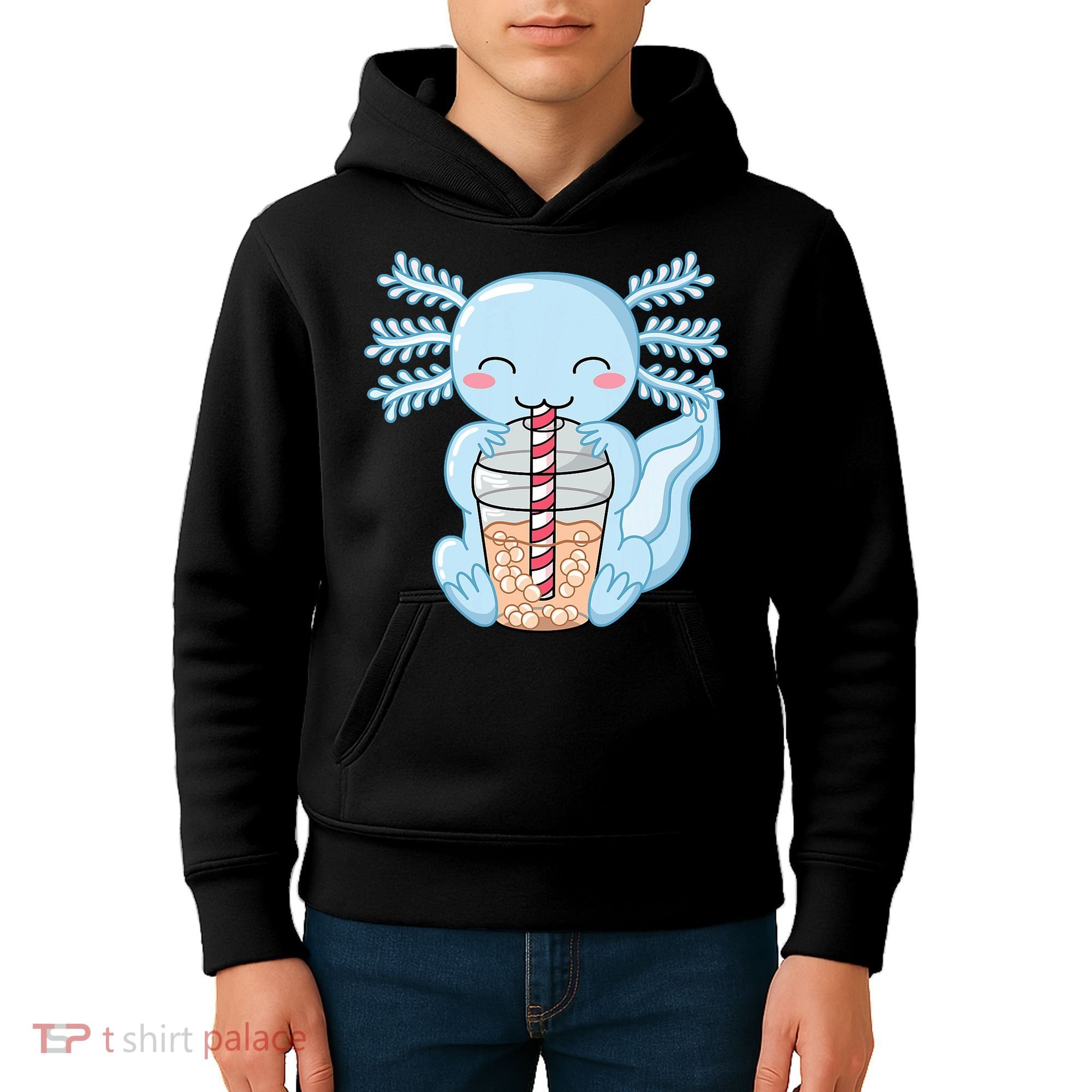 Cute Blue Axolotl Bubble Tea Kawaii Axolotls Kids Hoodie