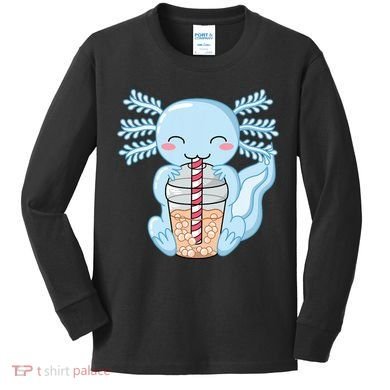 Cute Blue Axolotl Bubble Tea Kawaii Axolotls Kids Long Sleeve Shirt