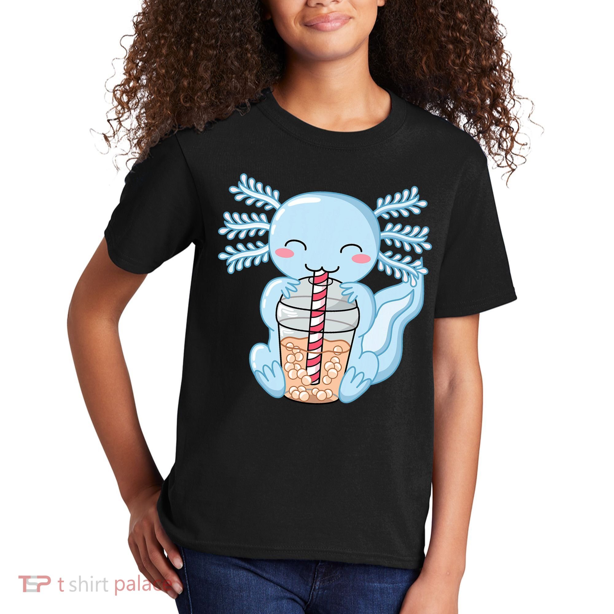Cute Blue Axolotl Bubble Tea Kawaii Axolotls Kids T-Shirt