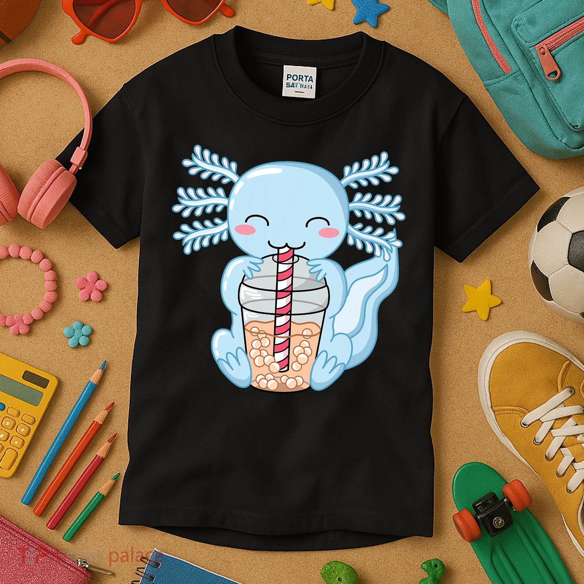 Cute Blue Axolotl Bubble Tea Kawaii Axolotls Kids T-Shirt