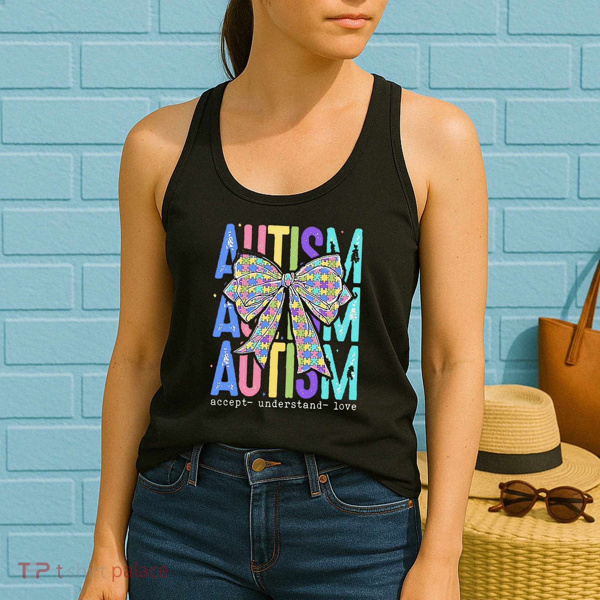 Cute Bow Autism Accept Understand Love Autism Awareness Women's Tank Top