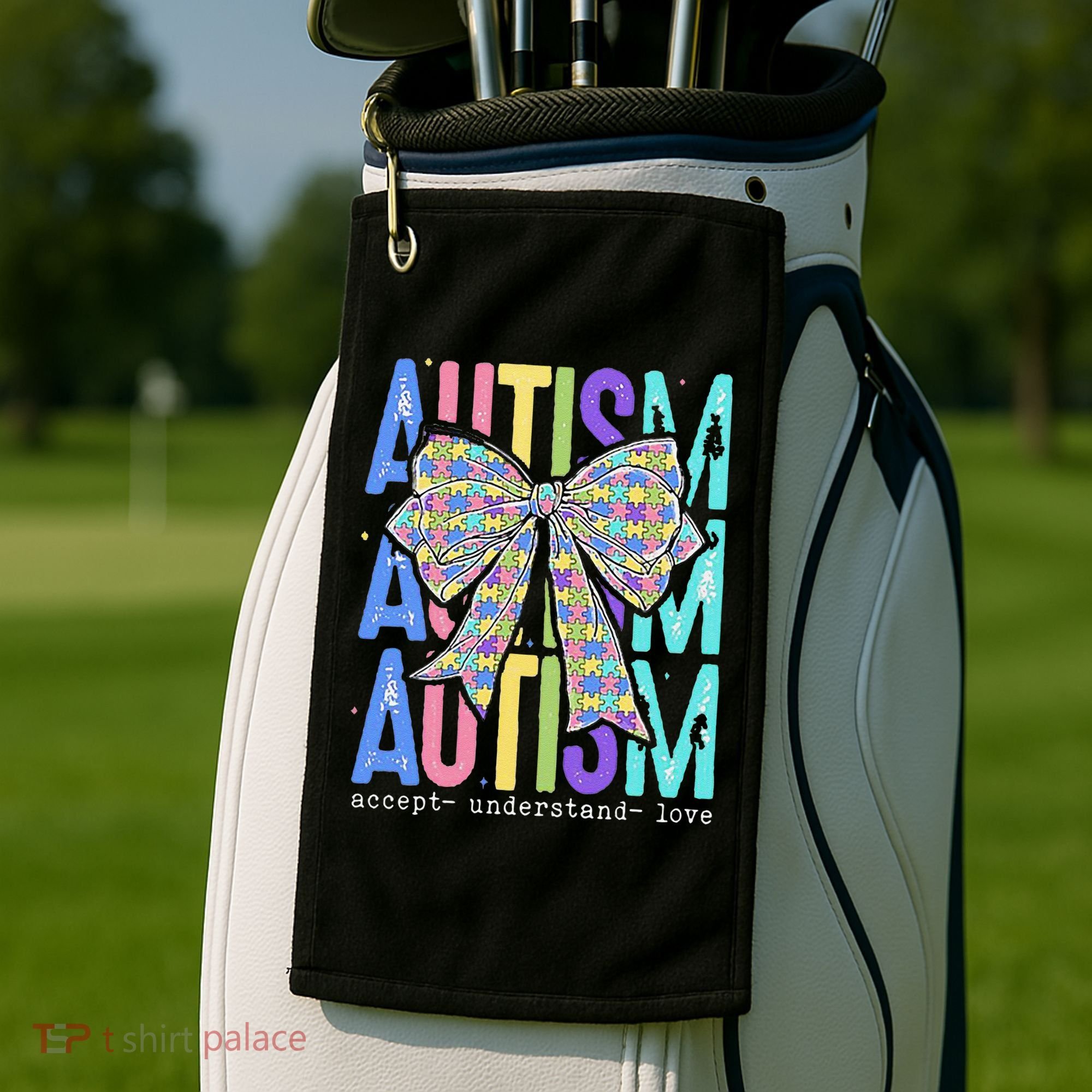 Cute Bow Autism Accept Understand Love Autism Awareness Golf Towel