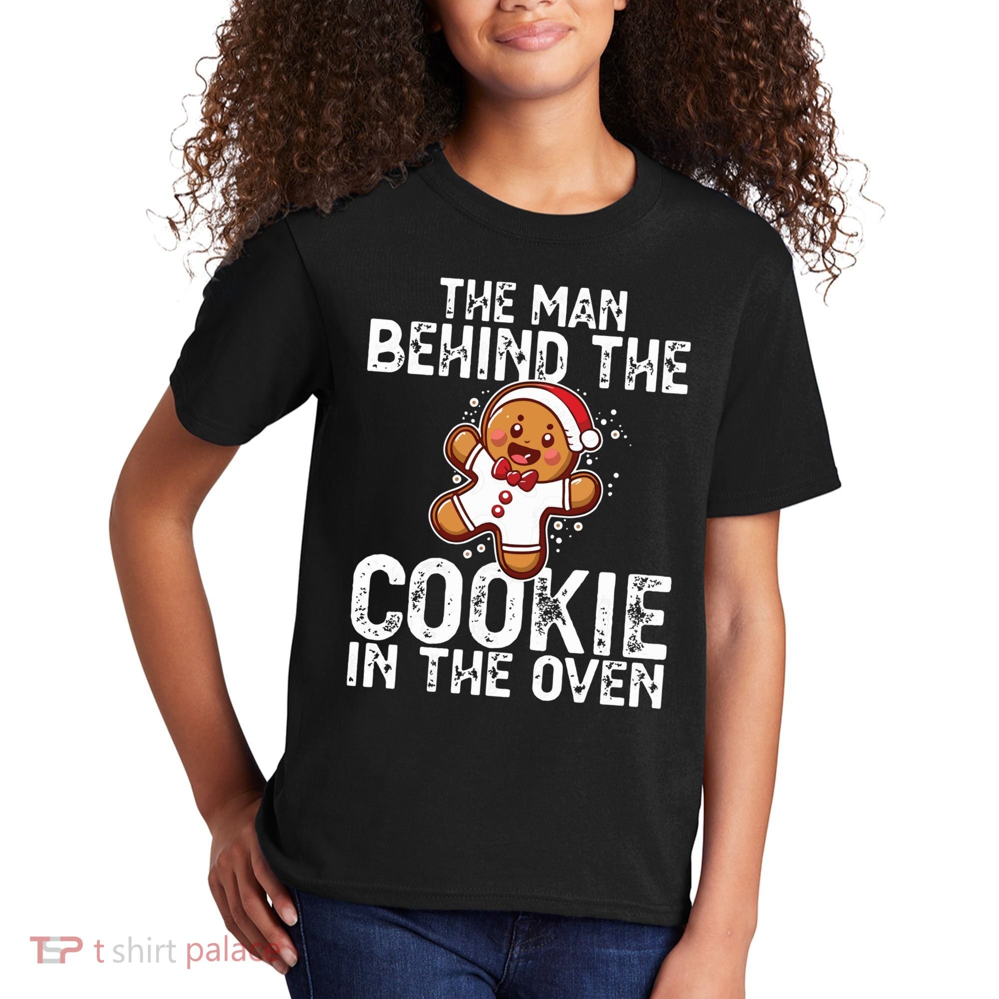 Christmas Baby Announcement Man Behind The Cookie Bump Dad Kids T-Shirt