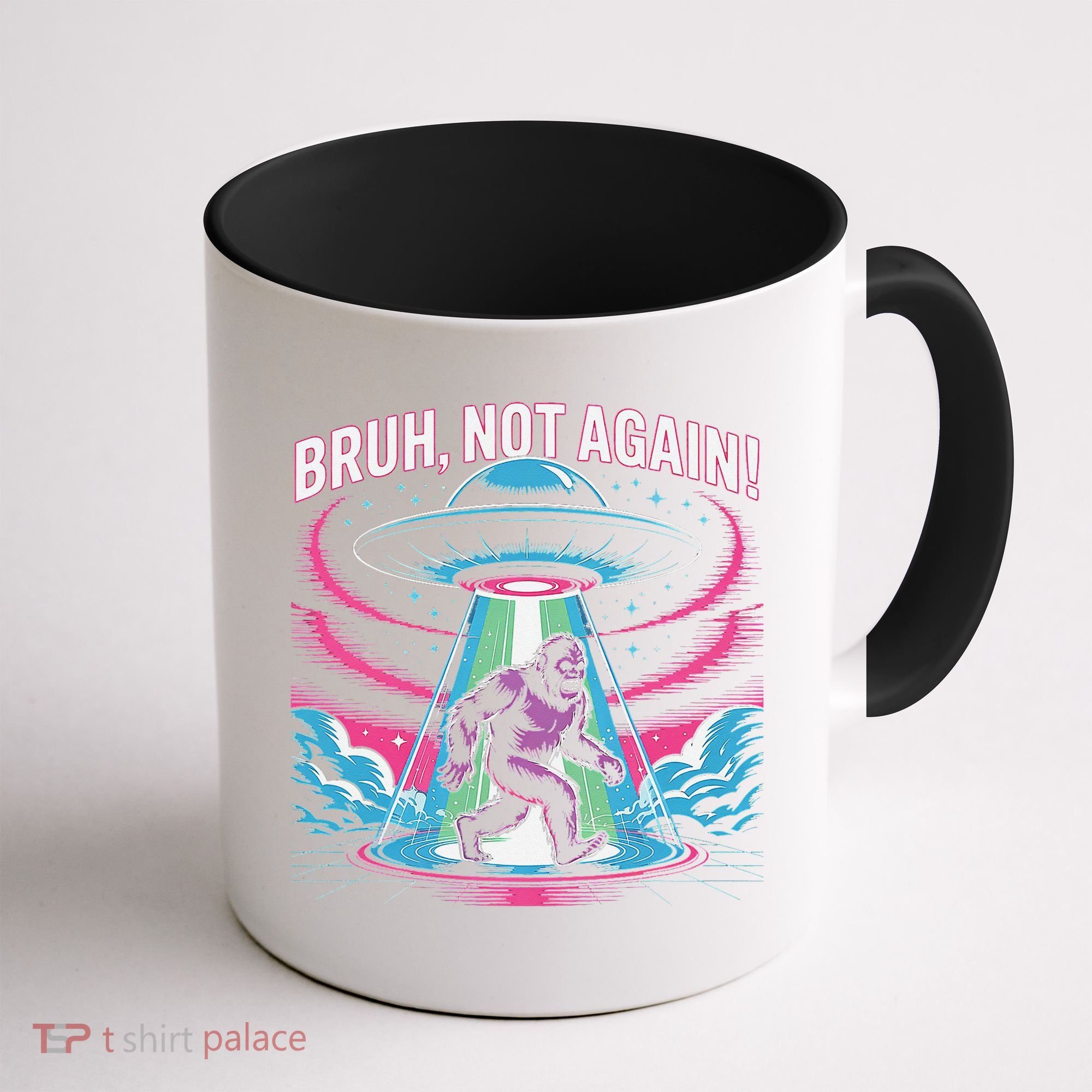 Cartoon Bigfoot  Alien UFO Funny Bruh Not Again Retro 80s Coffee Mug
