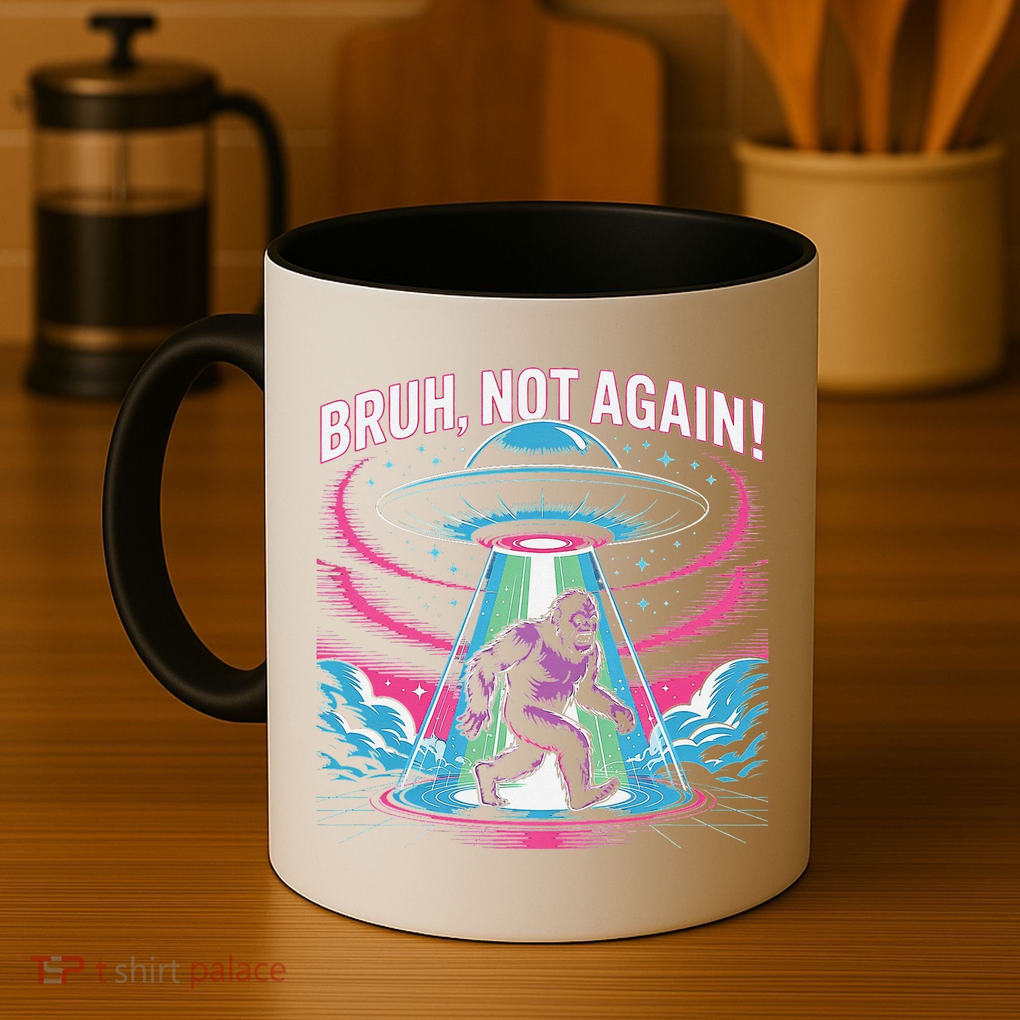 Cartoon Bigfoot  Alien UFO Funny Bruh Not Again Retro 80s Coffee Mug
