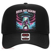 Cartoon Bigfoot  Alien UFO Funny Bruh Not Again Retro 80s Hat thumb 0