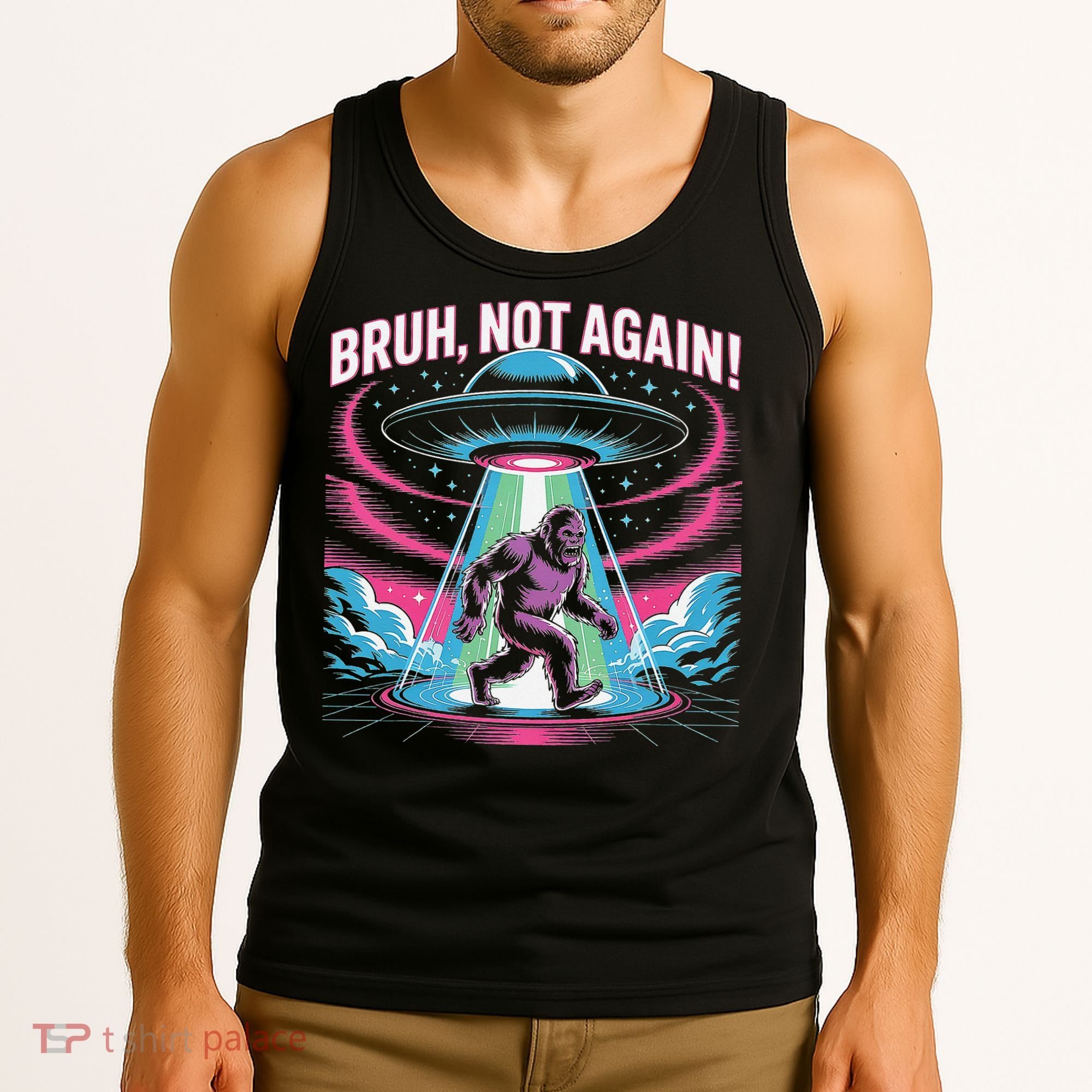 Cartoon Bigfoot  Alien UFO Funny Bruh Not Again Retro 80s Tank Top