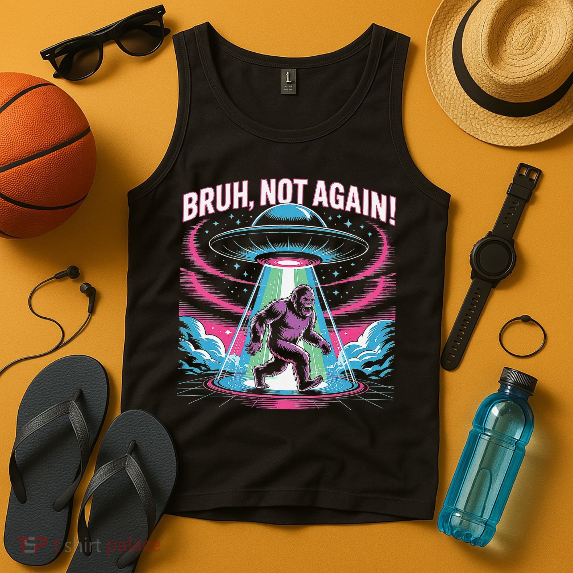 Cartoon Bigfoot  Alien UFO Funny Bruh Not Again Retro 80s Tank Top