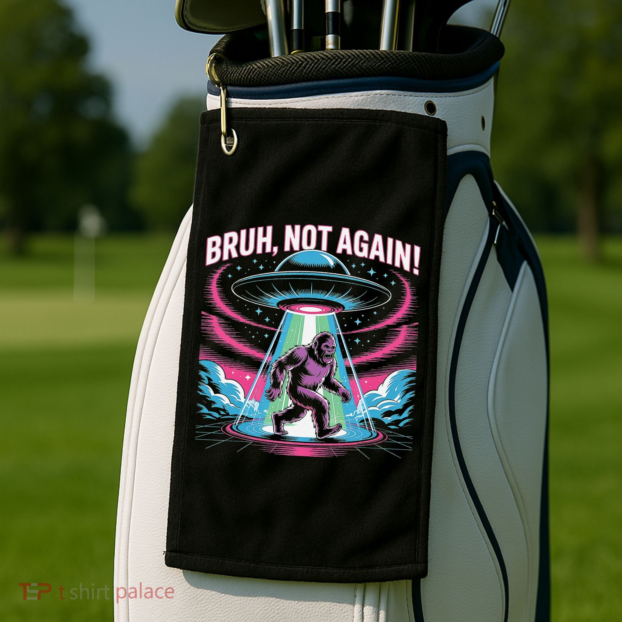 Cartoon Bigfoot  Alien UFO Funny Bruh Not Again Retro 80s Golf Towel