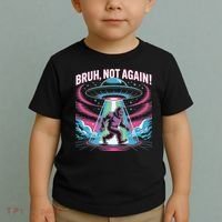 Cartoon Bigfoot  Alien UFO Funny Bruh Not Again Retro 80s Toddler T-Shirt thumb 2
