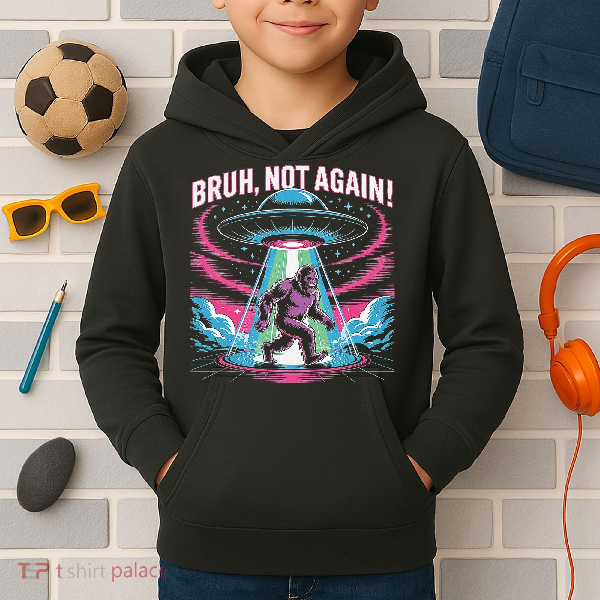 Cartoon Bigfoot  Alien UFO Funny Bruh Not Again Retro 80s Kids Hoodie
