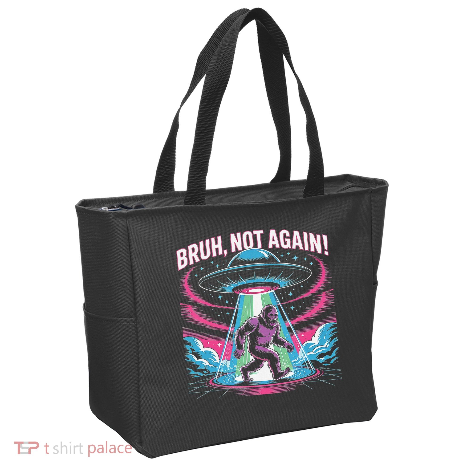 Cartoon Bigfoot  Alien UFO Funny Bruh Not Again Retro 80s Tote Bag